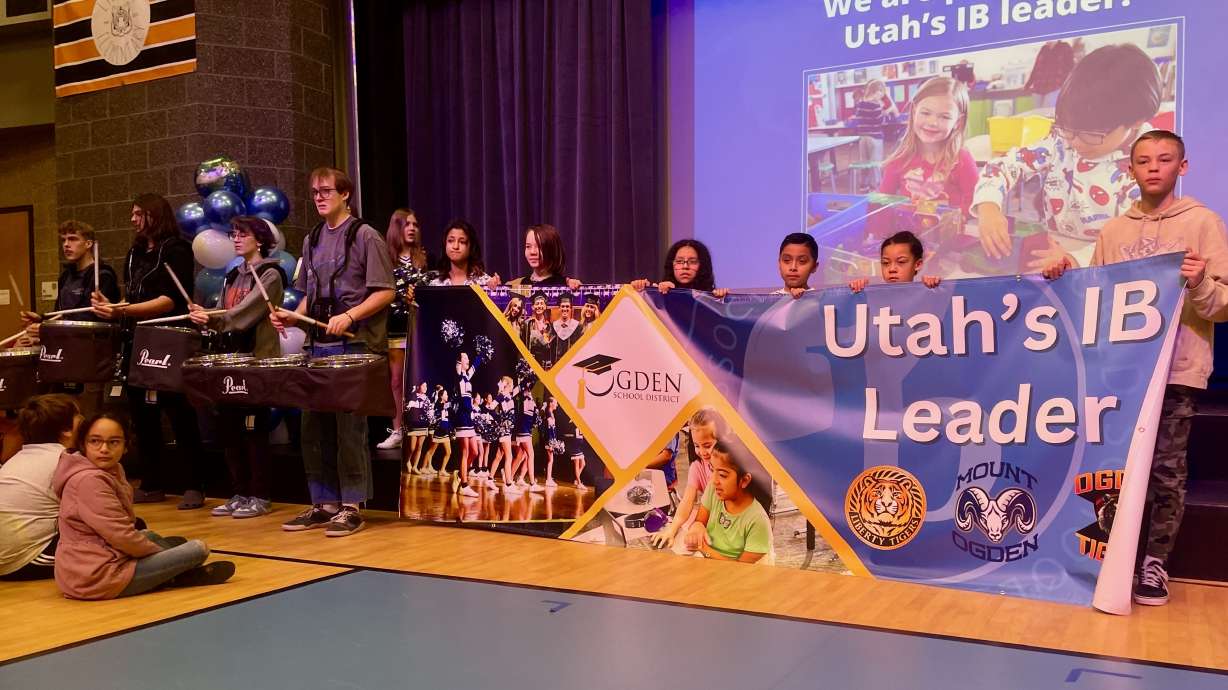 Ogden School District students at a celebration on Tuesday at Liberty School to mark implementation of the International Baccalaureate program along the K-12 continuum in the system.
