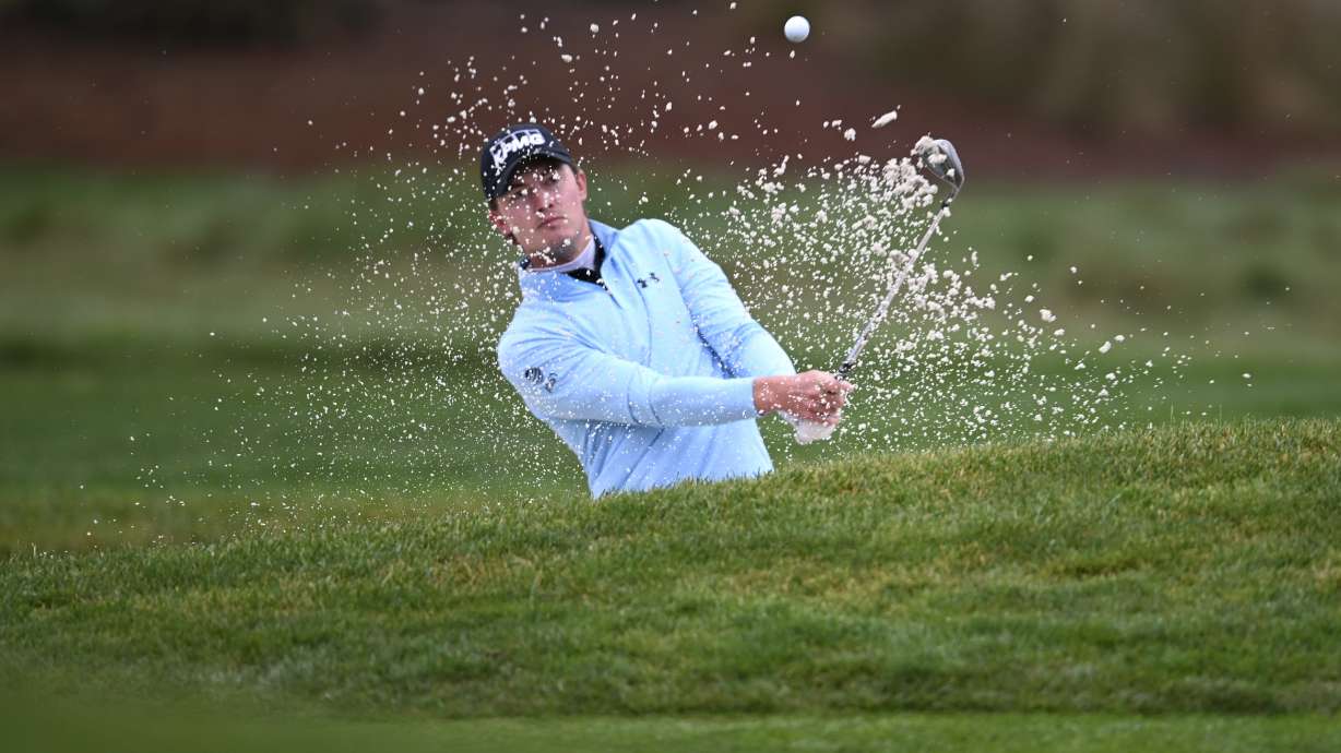 Maverick McNealy hits out of a bunker on the second hole at Pebble Beach Golf Links during the third round of the AT&T Pebble Beach Pro-Am golf tournament, Saturday, Feb. 1, 2025, in Pebble Beach, Calif.