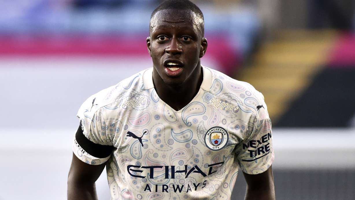 FILE - In this file photo dated Saturday, April 3, 2021, Manchester City's Benjamin Mendy looks on during an English Premier League soccer match against Leicester City at the King Power Stadium in Leicester, England.