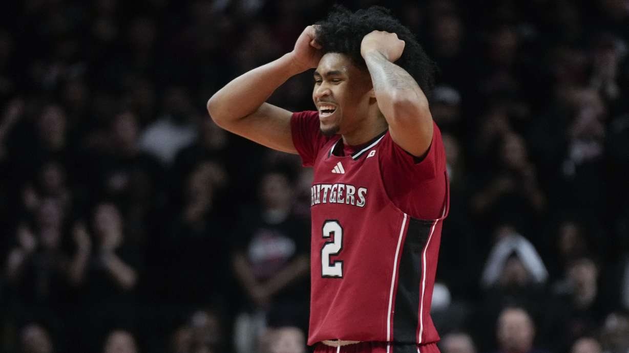 Rutgers' Dylan Harper reacts during the second half of an NCAA college basketball game against Illinois, Wednesday, Feb. 5, 2025, in New York.
