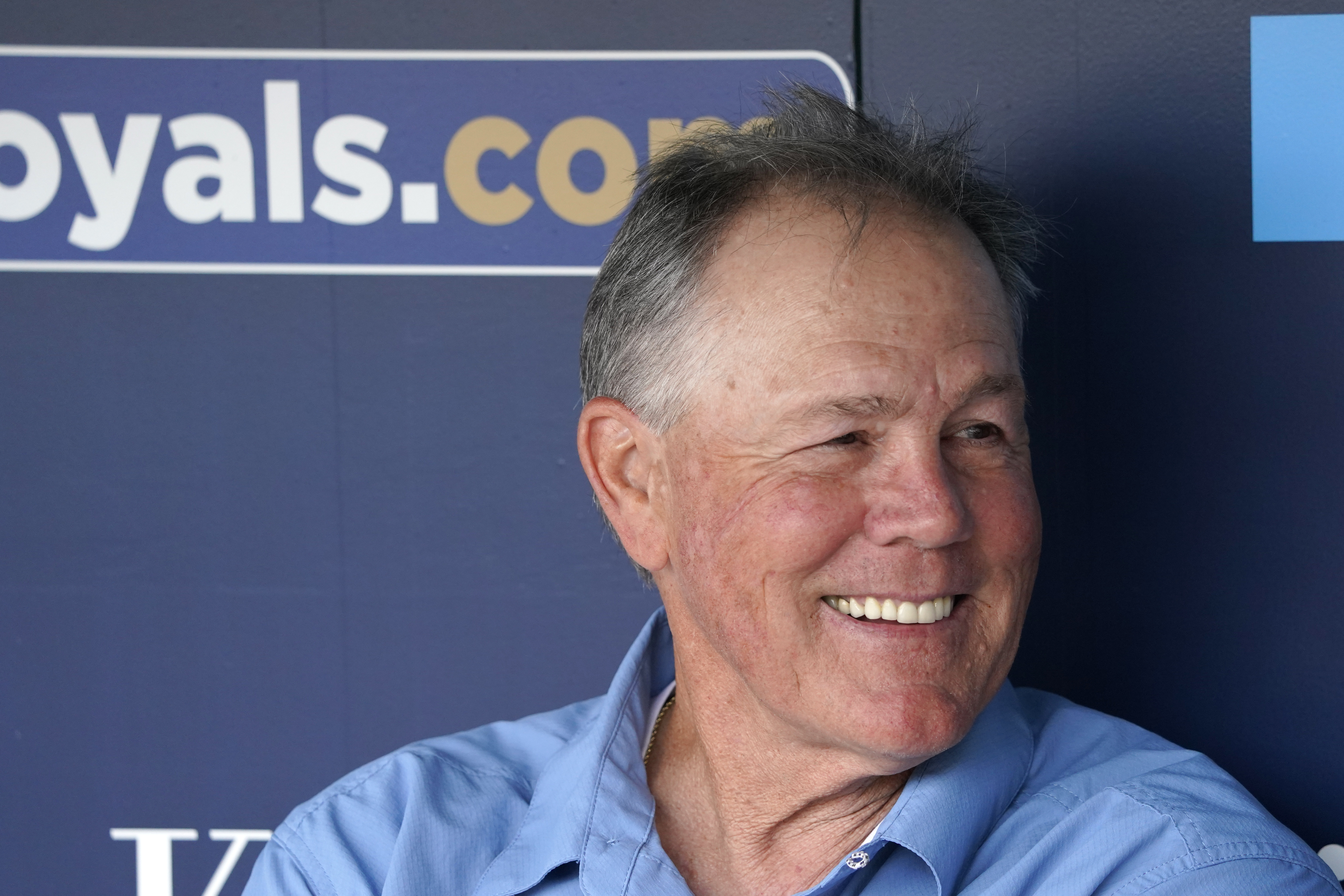 FILE - Ned Yost, former manager of the Kansas City Royals, sits in the dugout during batting practice prior to a baseball game between the Oakland Athletics and the Royals, Friday, May 5, 2023, in Kansas City, Mo.