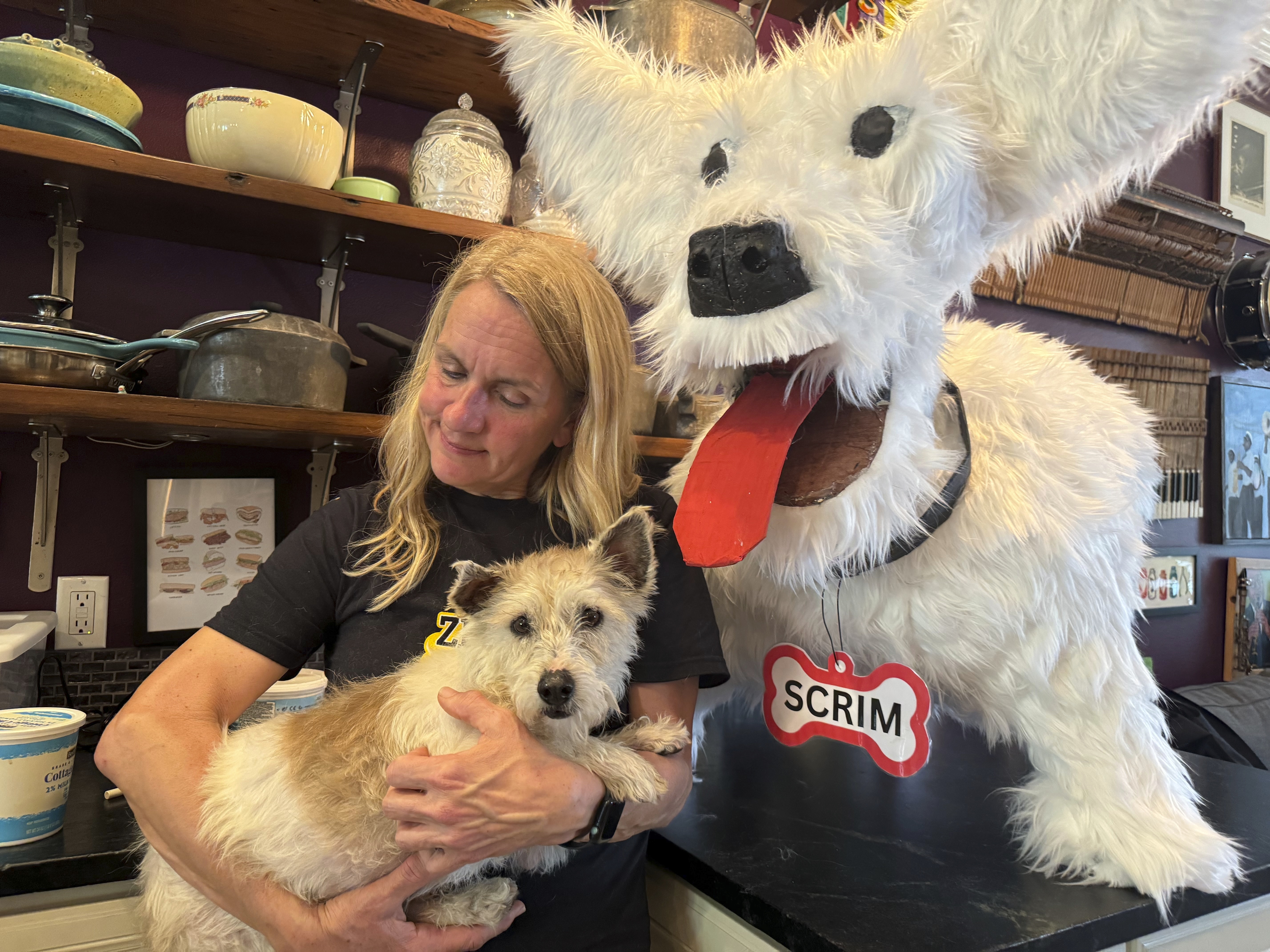 Scrim, a fugitive New Orleans rescue dog who gained fame evading a city-wide effort search for months, is held by Michelle Cheramie, who led efforts leading to his capture on Tuesday in New Orleans.