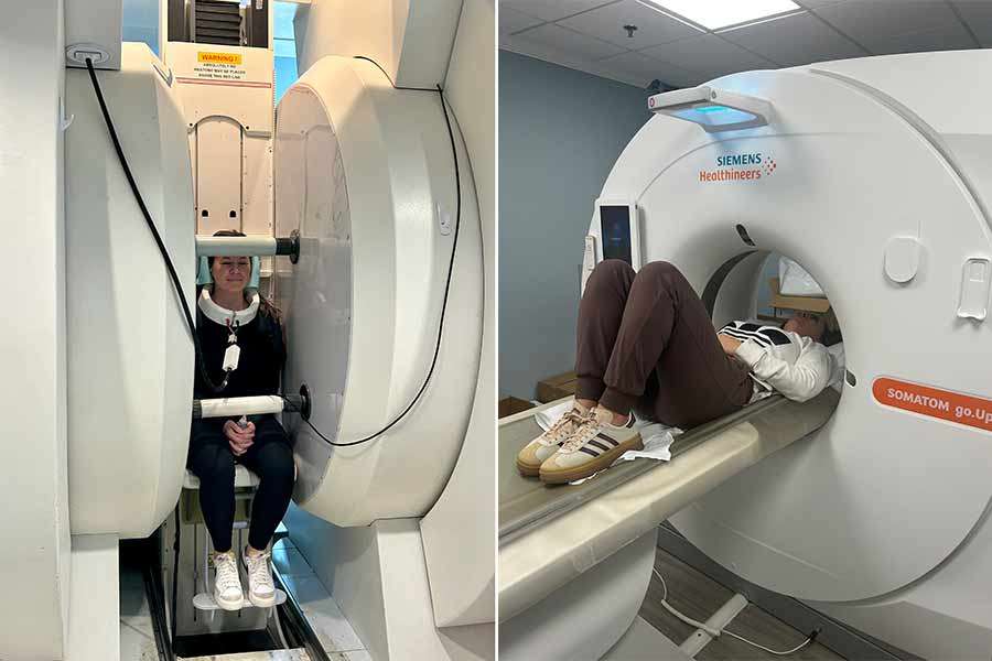 Emily Farmer getting her MRI, left, and CT scan in Feb. 2024.
