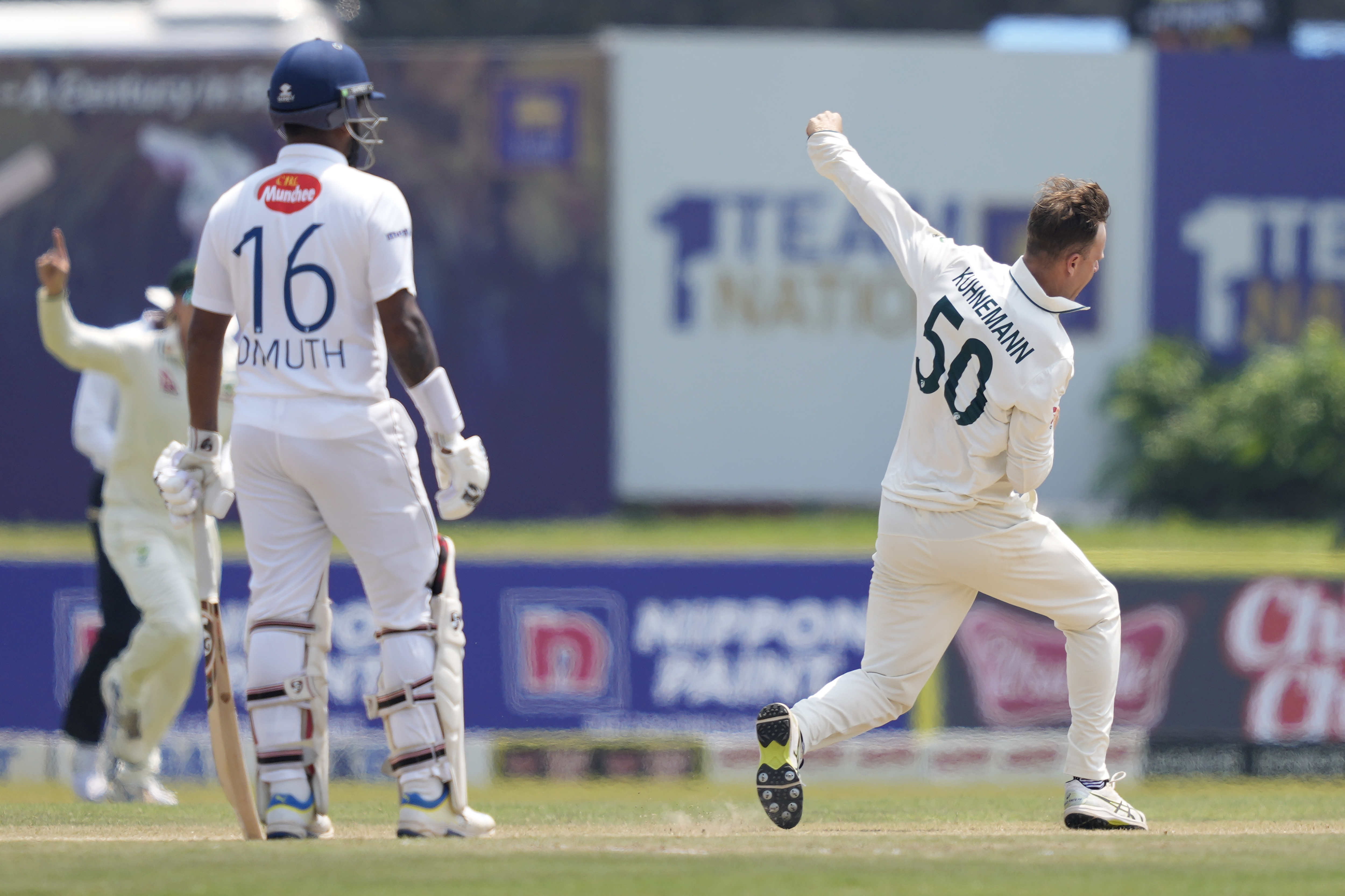 Australia's Matthew Kuhnemann celebrates the wicket of Sri Lanka's Pathum Nissanka with teammates during day three of the second test cricket match between Sri Lanka and Australia in Galle, Sri Lanka, Saturday, Feb. 8, 2025. 
