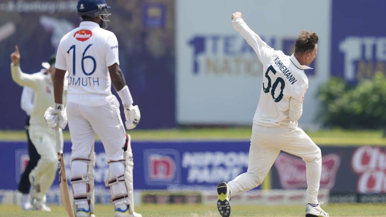 Australia's Matthew Kuhnemann celebrates the wicket of Sri Lanka's Pathum Nissanka with teammates during day three of the second test cricket match between Sri Lanka and Australia in Galle, Sri Lanka, Saturday, Feb. 8, 2025.