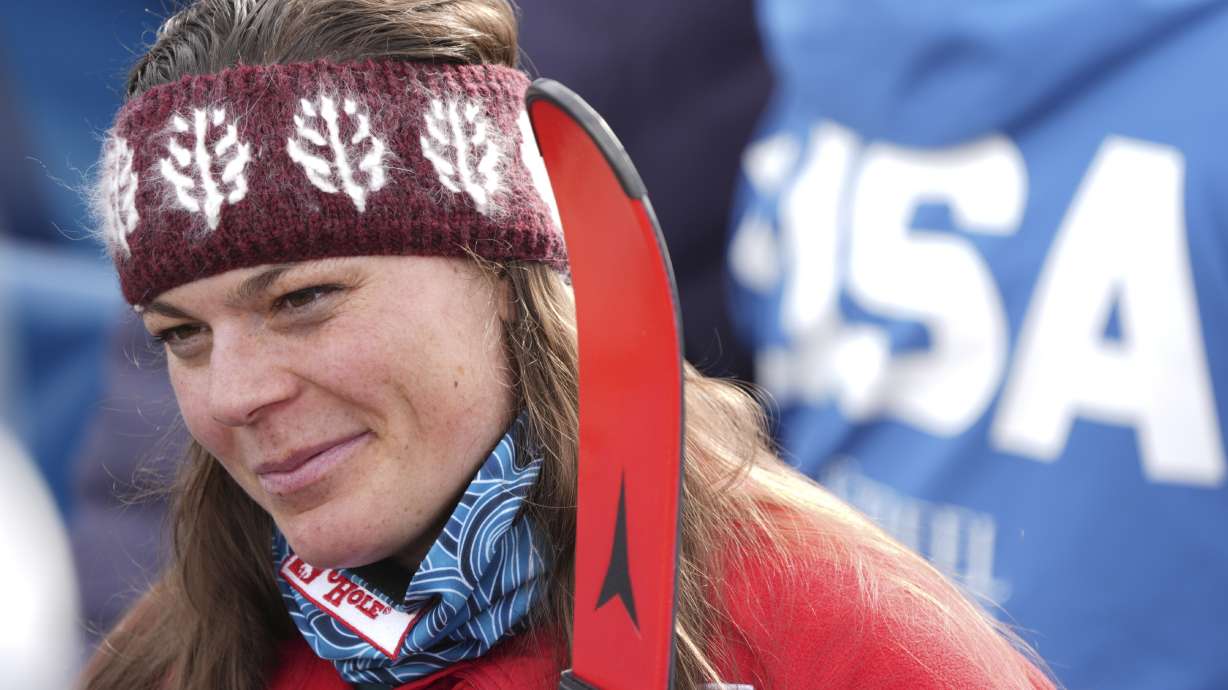 United States' Breezy Johnson at the finish area of a downhill run of a women's team combined event, at the Alpine Ski World Championships, in Saalbach-Hinterglemm, Austria, Tuesday, Feb. 11, 2025.
