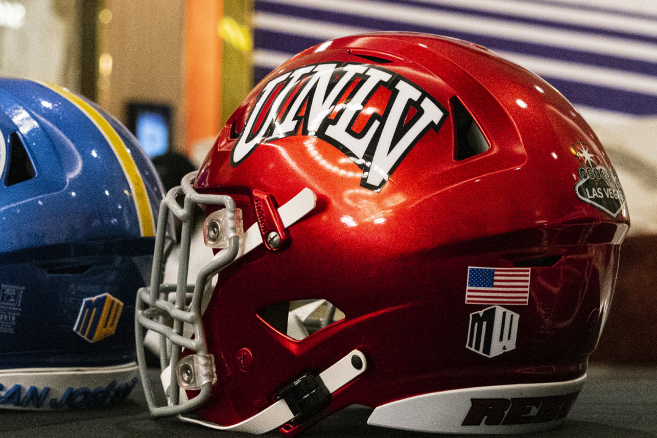 FILE - A UNLV helmet is displayed during the Moutain West Conference NCAA college football media days at Circa resort and casino in Las Vegas, Wednesday, July 19, 2023.