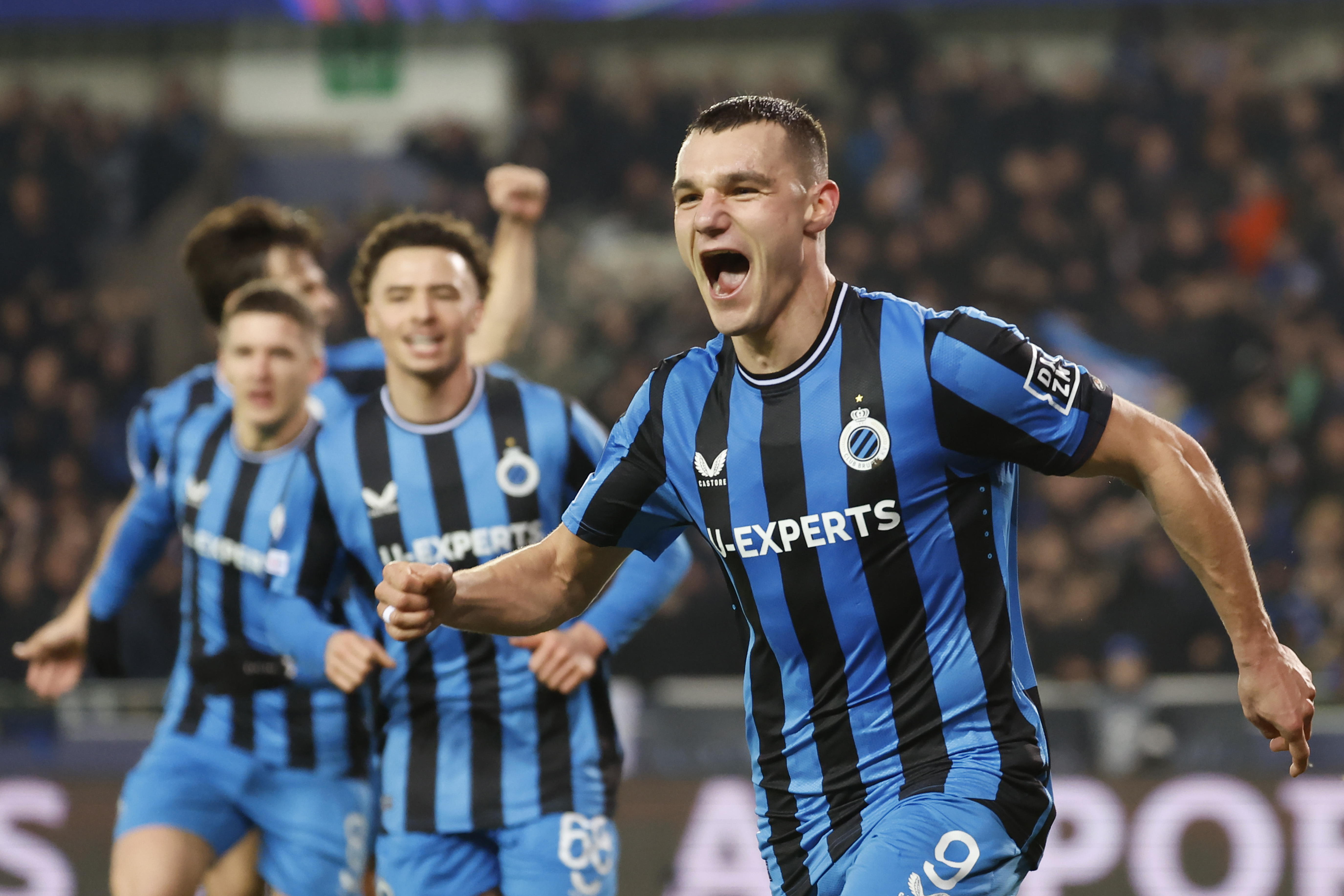 Brugge's Ferran Jutgla celebrates after scoring the opening goal against Atalanta during the Champions League playoff first leg soccer match between Club Brugge and Atalanta at the Jan Breydel Stadium in Bruges, Belgium, Wednesday, Feb. 12, 2025. 