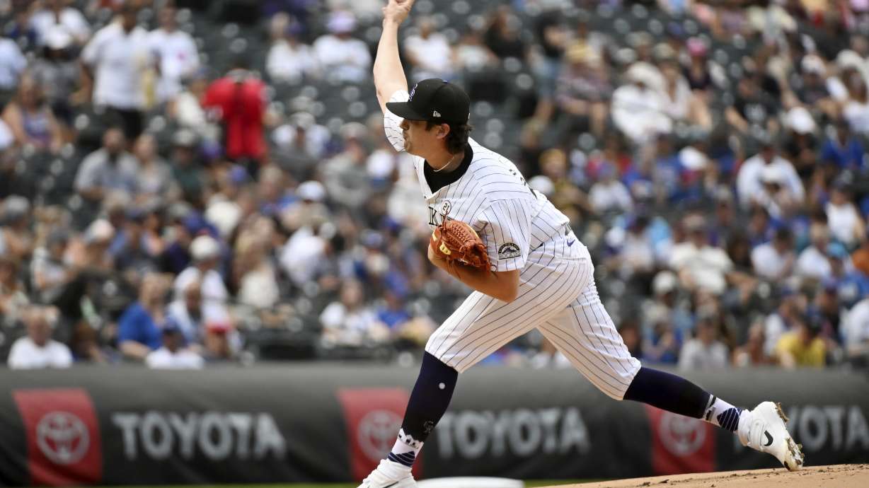 FILE - Colorado Rockies starting pitcher Cal Quantrill throws in the first inning of a baseball game against the Chicago Cubs, in Denver, Sept. 15, 2024.