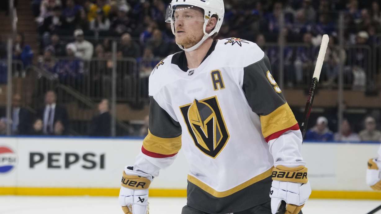 Vegas Golden Knights center Jack Eichel (9) skates toward his bench after scoring a goal during the second period of an NHL hockey game against the New York Rangers Sunday, Feb. 2, 2025, in New York.