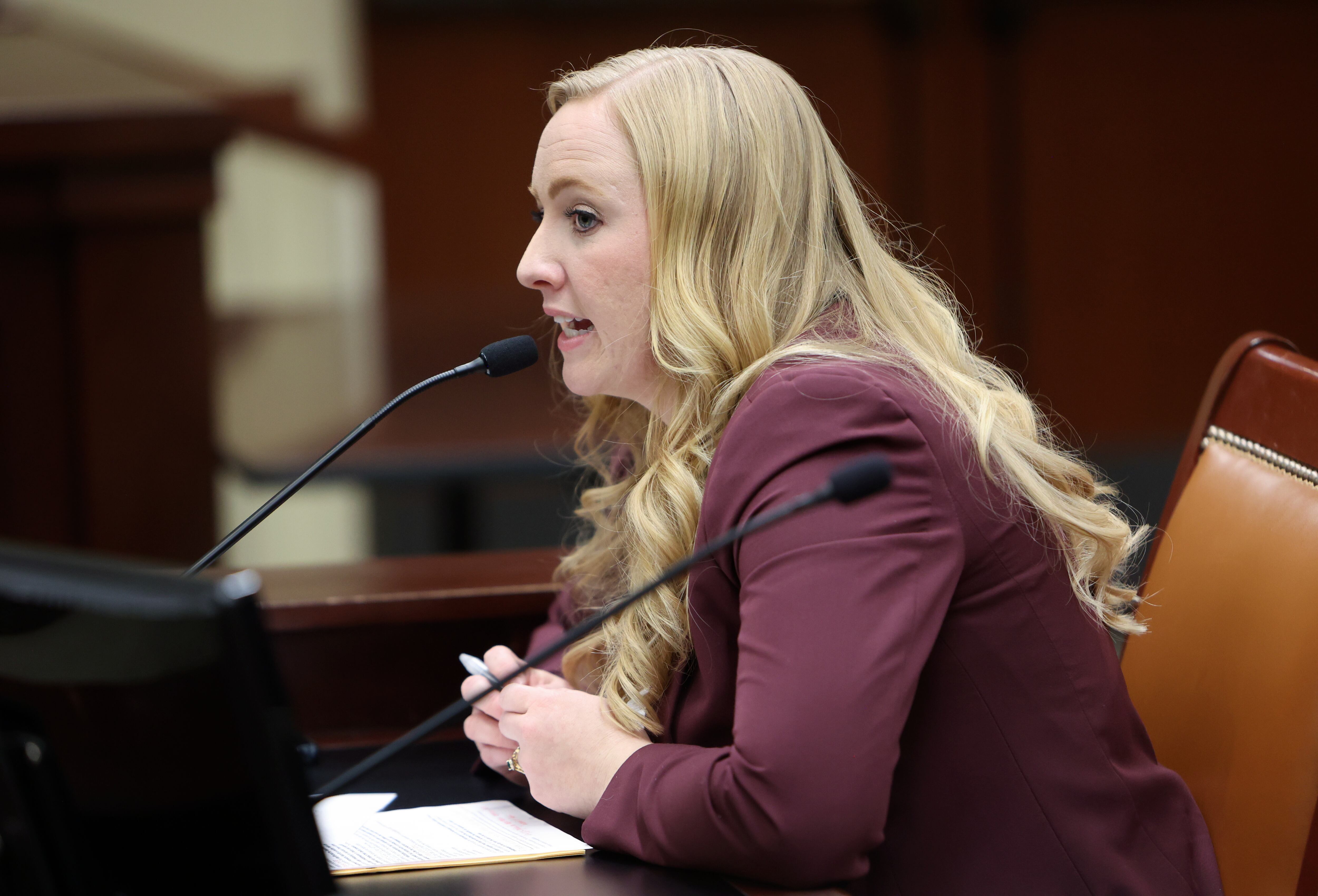 Rep. Candice Pierucci, R-Riverton, presents HB226 Criminal Amendments during a House Law Enforcement and Criminal Justice Standing Committee meeting in the House building in Salt Lake City on Feb. 3.