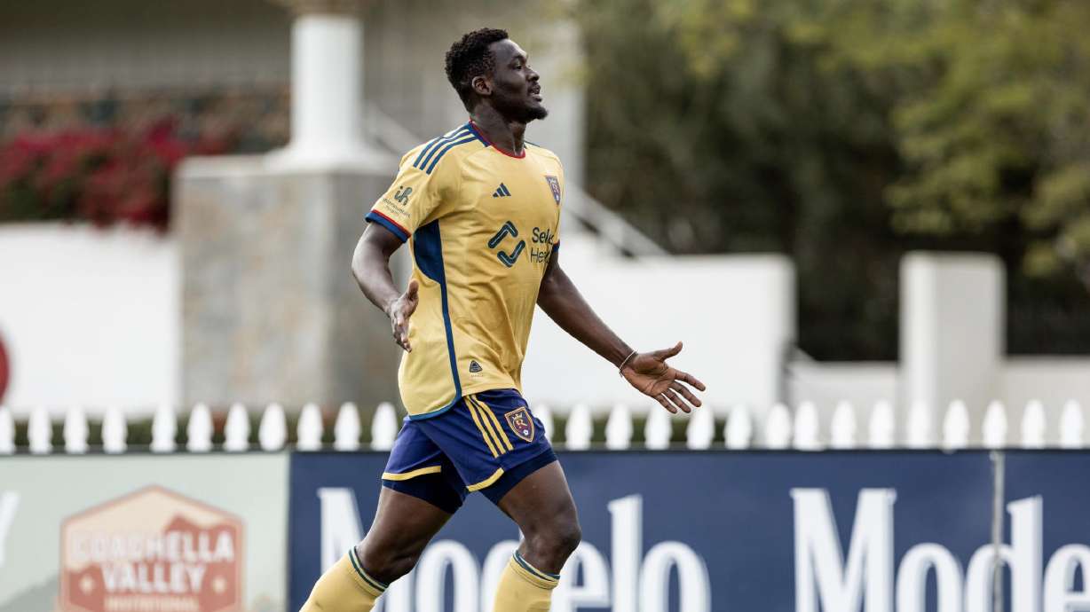 Forster Ajago celebrates one of two goals against New York Red Bulls in preseason.