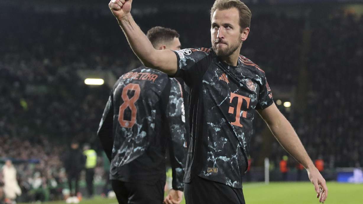 Bayern's Harry Kane celebrates after scoring his side's second goal during the Champions League play off first leg soccer match between Celtic Glasgow and Bayern Munich at the Celtic Park Stadium in Glasgow, Scotland, Wednesday, Feb. 12, 2025.