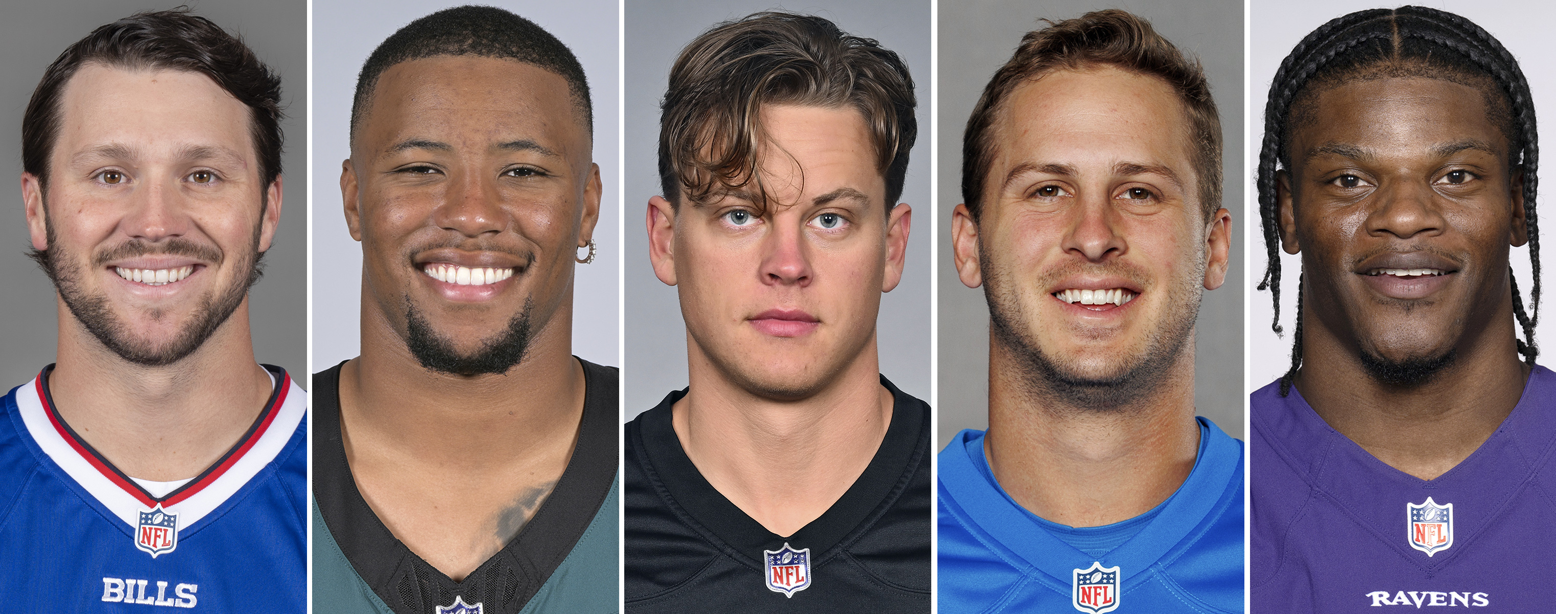 This combo of file photos shows, from left, NFL Awards MVP finalists: Josh Allen, QB, Buffalo Bills; Saquon Barkley, RB, Philadelphia Eagles; Joe Burrow, QB, Cincinnati Bengals; Jared Goff, QB, Detroit Lions; Lamar Jackson, QB, Baltimore Ravens.