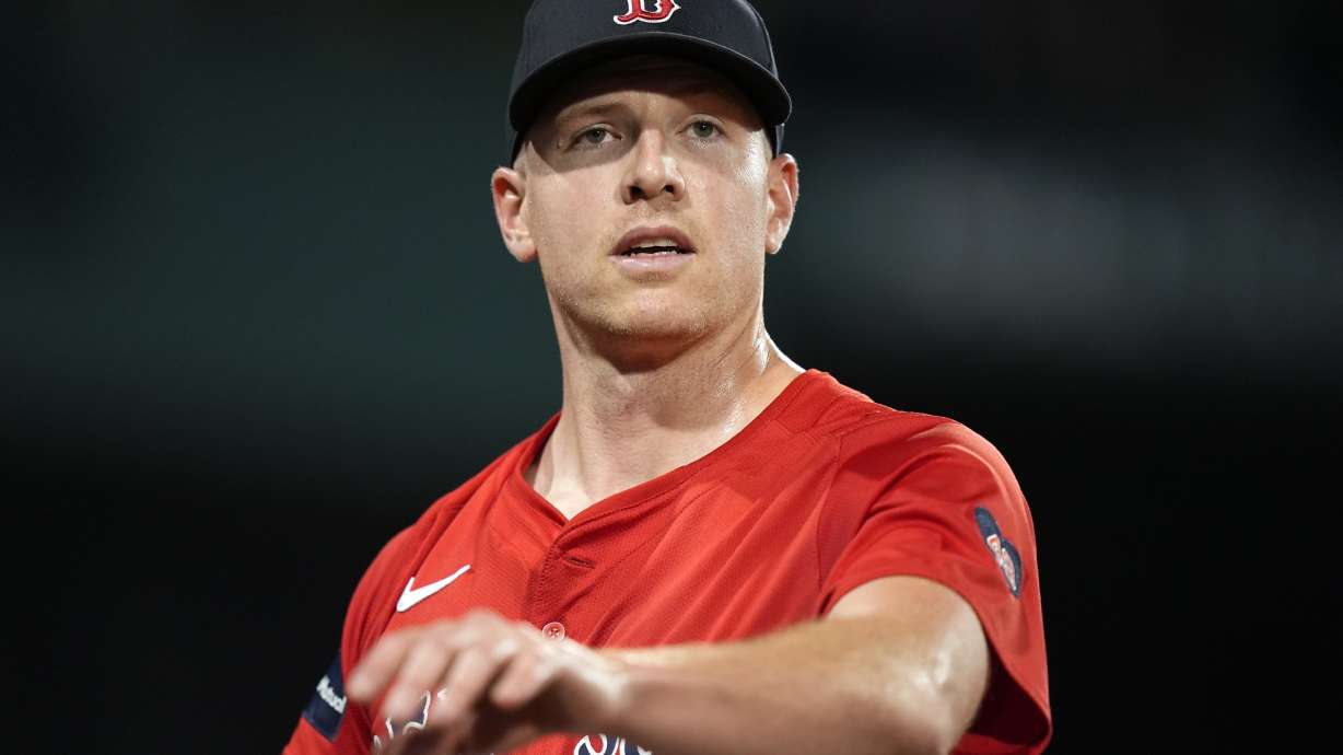 FILE - Boston Red Sox's starting pitcher Nick Pivetta walks to the dugout during the first inning of a baseball game against the Tampa Bay Rays, Friday, Sept. 27, 2024, in Boston.