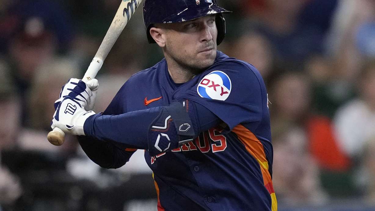FILE - Houston Astros' Alex Bregman bats during the fifth inning of a baseball game against the Los Angeles Angels, Sept. 22, 2024, in Houston.