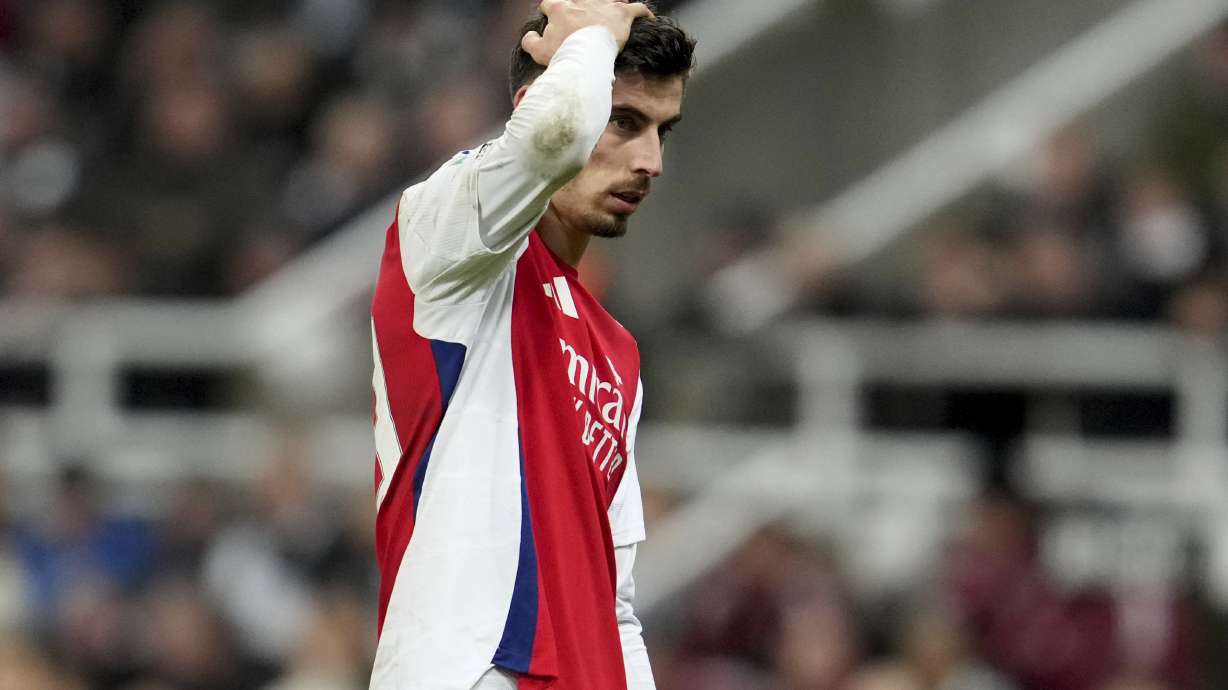 Arsenal's Kai Havertz reacts during the English League Cup soccer match between Newcastle United and Arsenal at St. James' Park stadium in Newcastle, England, Wednesday, Feb. 5, 2025.