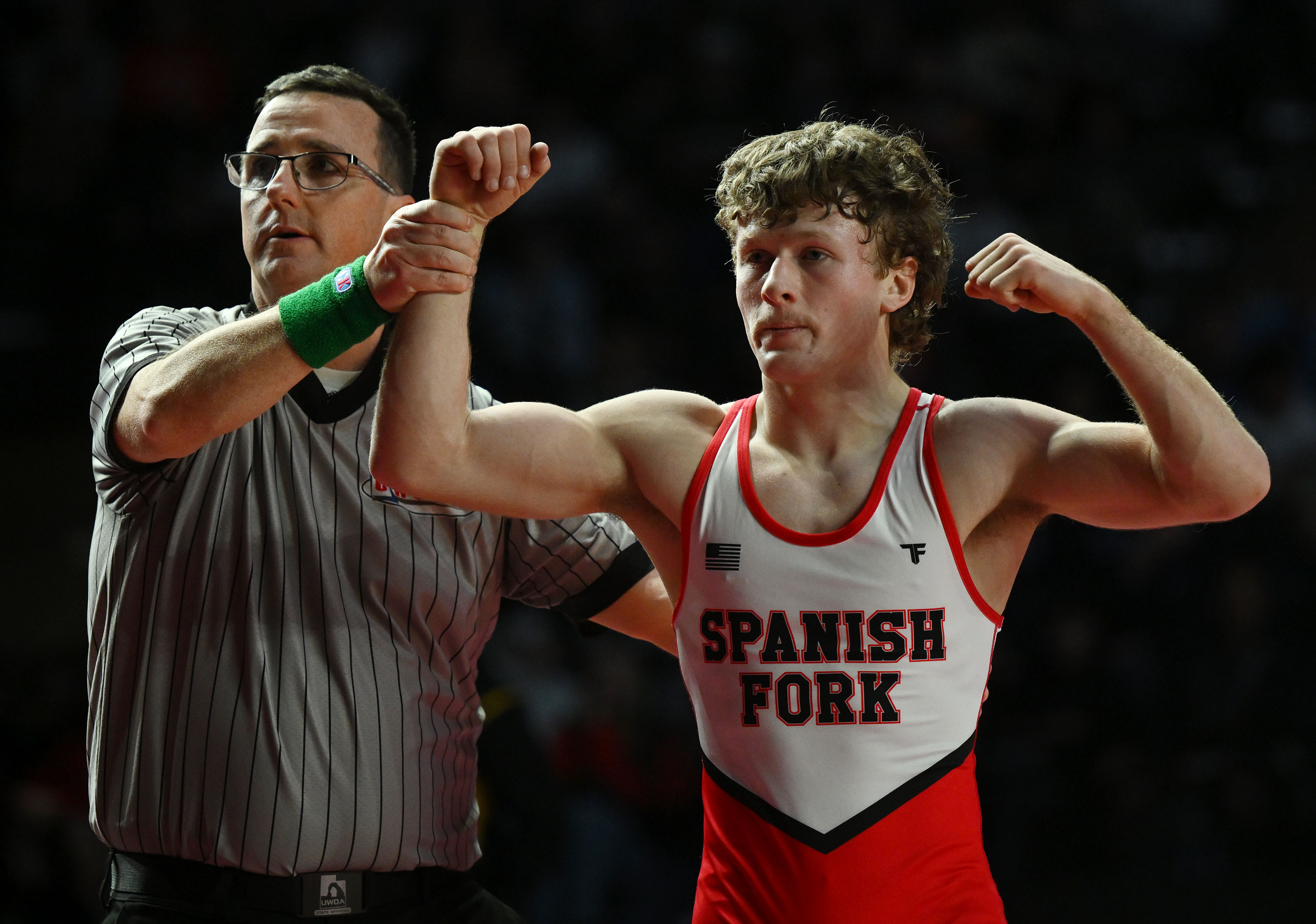 Spanish Fork’s Karson Shelley celebrates his win over Roy’s Kaleb Blackner and his four consecutive state title in the 120 lbs. state championships at UVU in Orem on Wednesday February 12, 2025.