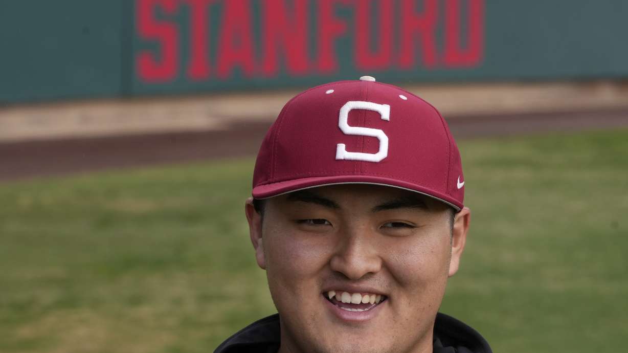 Stanford baseball player Rintaro Sasaki is interviewed at the Sunken Diamond baseball field at Stanford University in Stanford, Calif., Friday, Feb. 7, 2025.