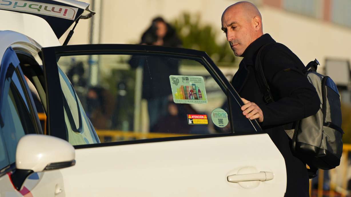 The former president of Spain's soccer federation Luis Rubiales arrives at a court on the outskirts of Madrid, Spain, Monday Feb. 3, 2025 where he goes on trial for his unsolicited kiss on forward Jenni Hermoso.