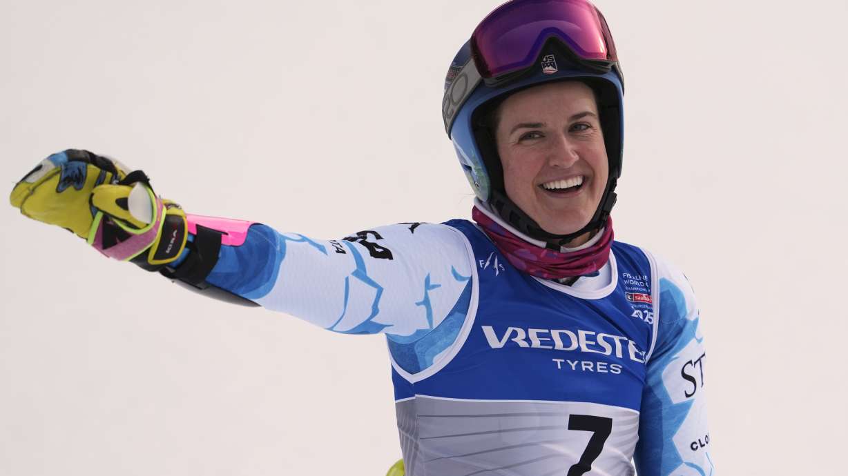 United States' Paula Moltzan celebrates at the finish area of a women's giant slalom, at the Alpine Ski World Championships, in Saalbach-Hinterglemm, Austria, Thursday, Feb. 13, 2025.