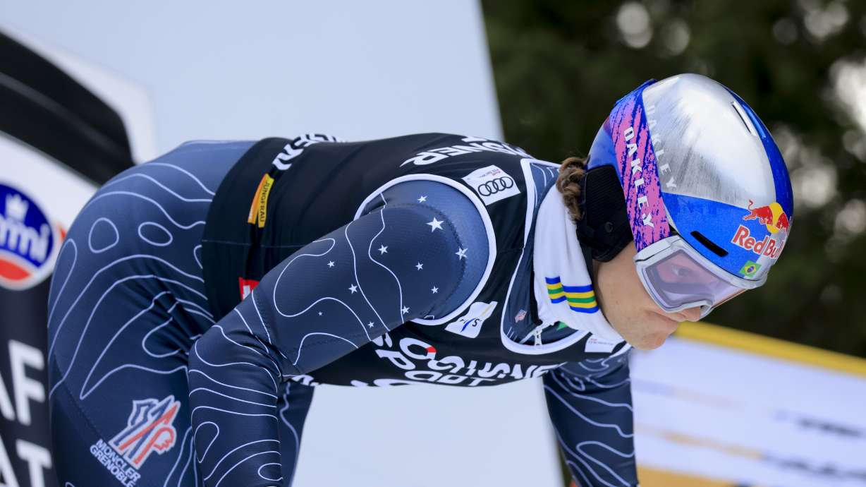 Brazil's Lucas Pinheiro Braathen at the starting gate of an alpine ski, men's World Cup slalom, in Wengen, Switzerland, Sunday, Jan. 19, 2025