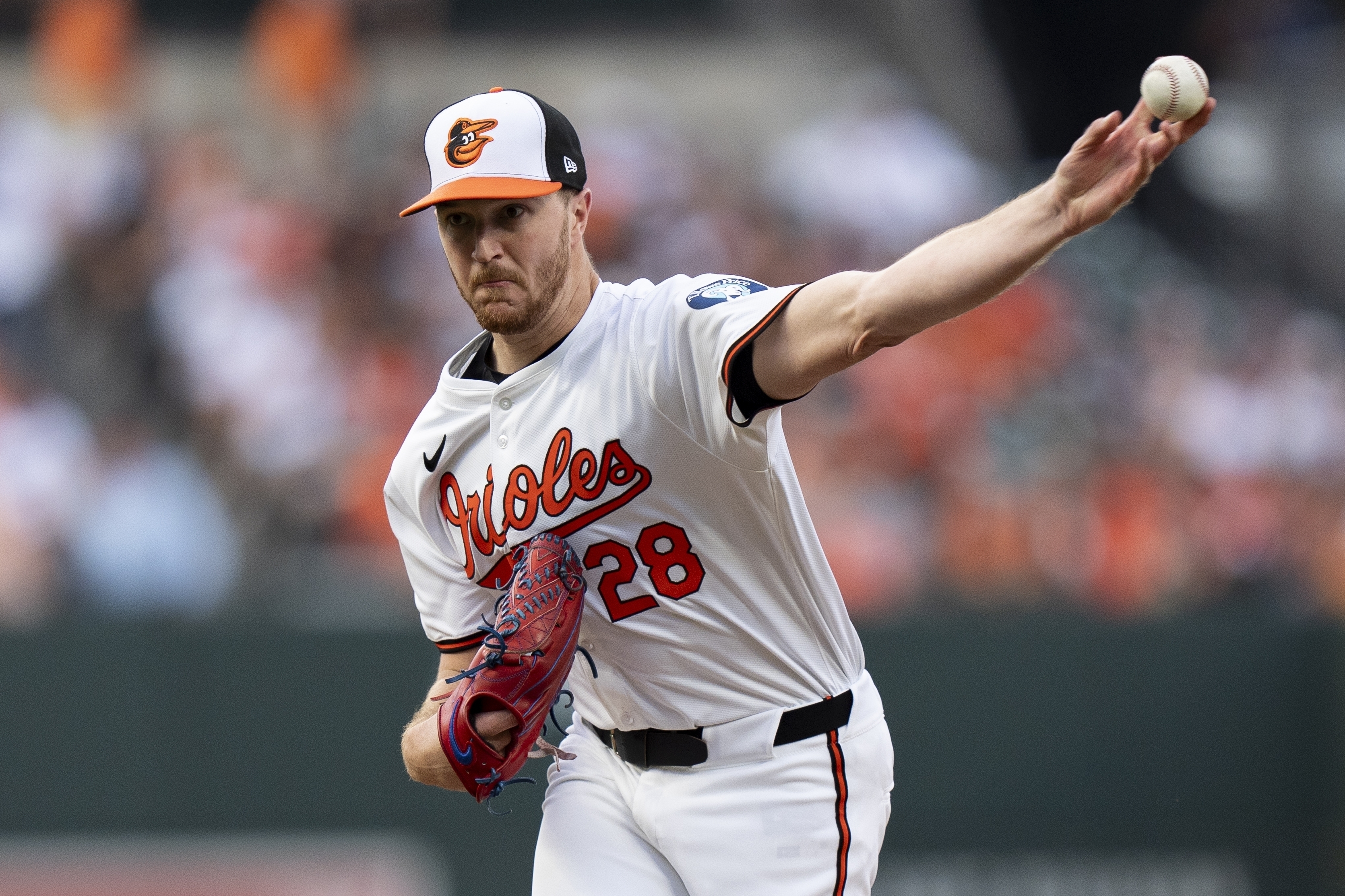 FILE - Baltimore Orioles starting pitcher Trevor Rogers delivers during the first inning of a baseball game against the Washington Nationals, Tuesday, Aug. 13, 2024, in Baltimore.