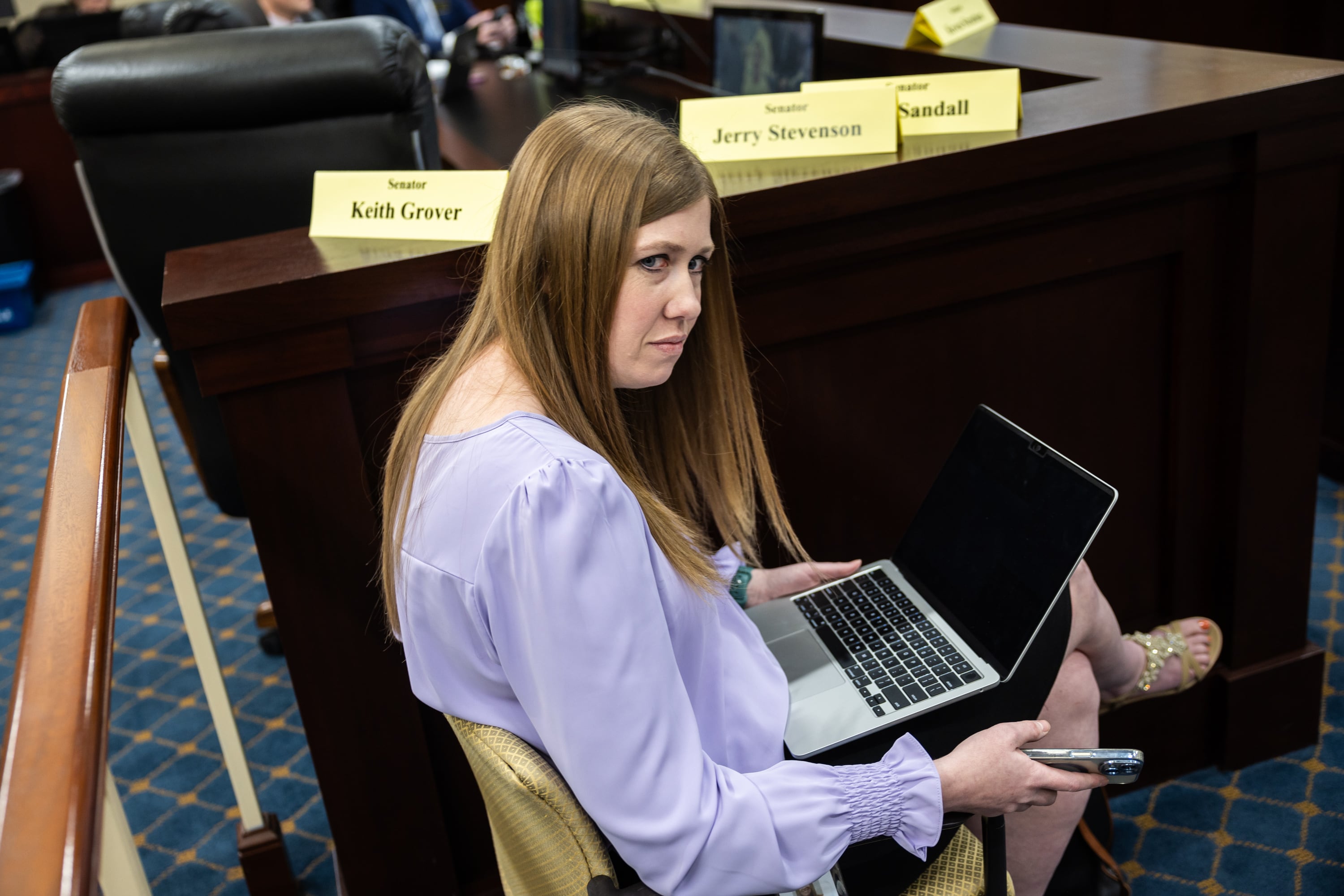 Rep. Stephanie Gricius, R-Eagle Mountain, listens as people make public comment after she sponsored HB81 in the Senate Committee room at the State Capitol in Salt Lake City on Thursday.