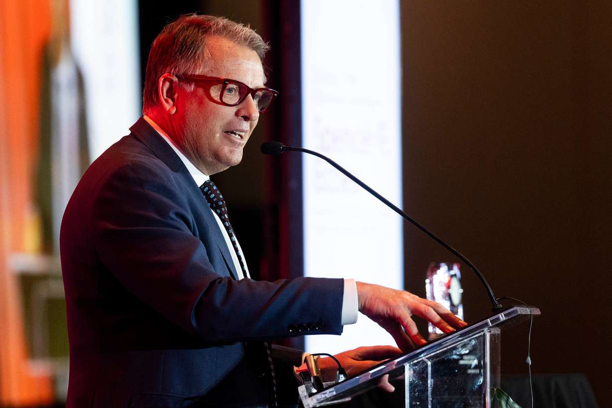 University of Utah President Taylor Randall speaks during the MountainWest Capital Network’s annual Entrepreneur of the Year award luncheon held at the Hyatt Regency Salt Lake City in Salt Lake City on Thursday.