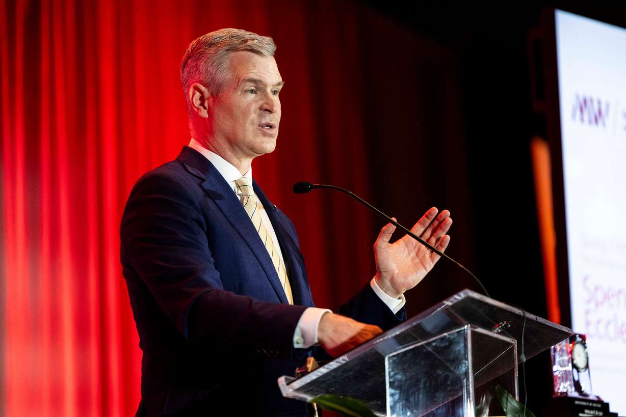 Spencer P. Eccles, managing partner and co-founder of The Cynosure Group, speaks during the MountainWest Capital Network’s annual Entrepreneur of the Year award luncheon held at the Hyatt Regency Salt Lake City in Salt Lake City on Thursday.