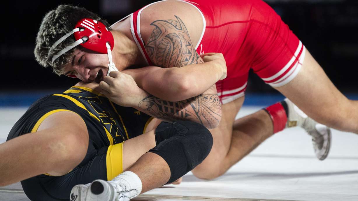 North Sanpete’s Taualoa Laupapa and Union’s Weston Richins compete against each other in the 215-pound championship in the 3A wrestling state championships at UVU in Orem on Thursday, Feb. 13, 2025.