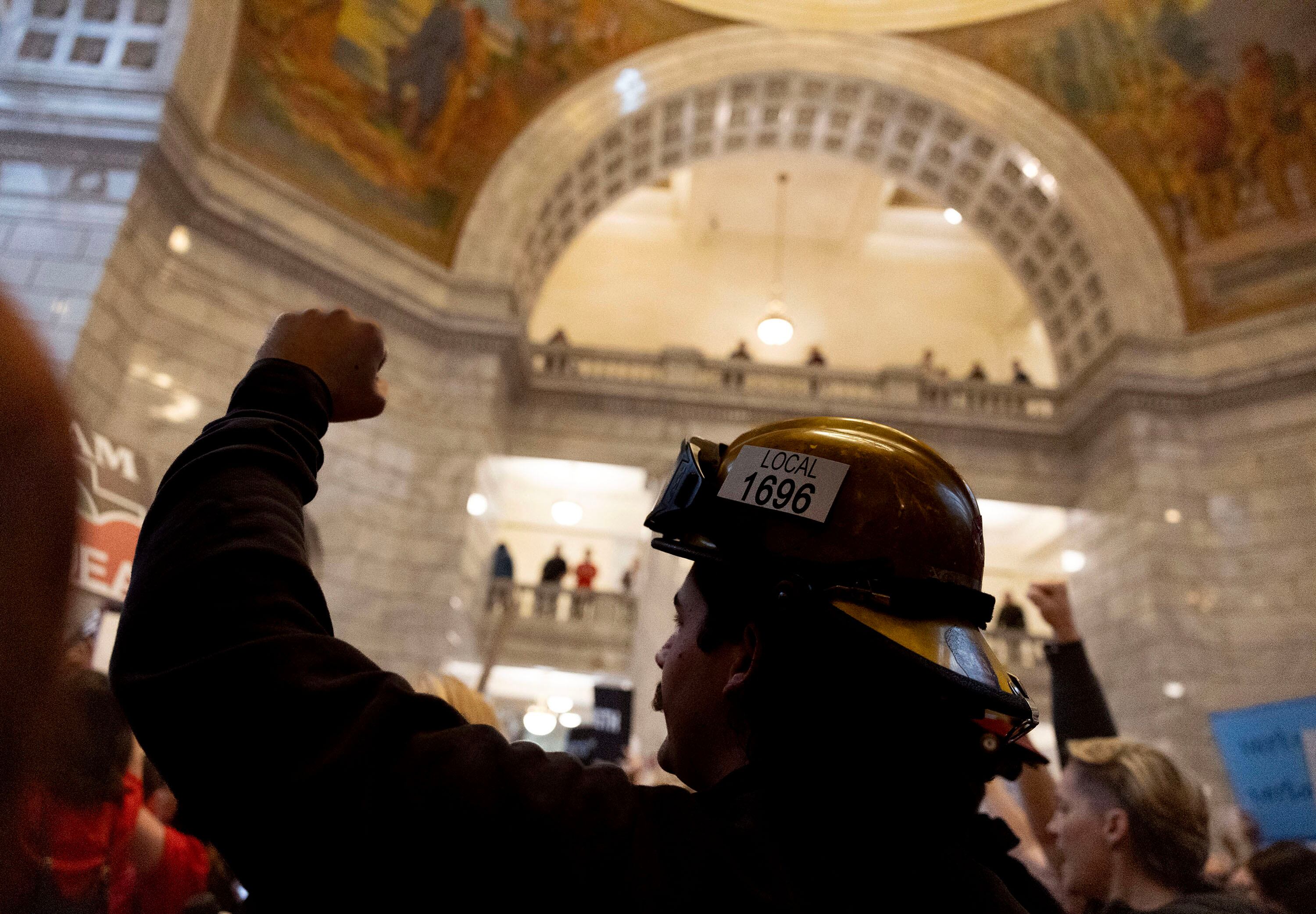 Union members attend a rally at the Capitol in Salt Lake City on Feb. 7. The protest took place just one day after the Senate voted to pass HB267, which bans public labor unions from participating in collective bargaining.
