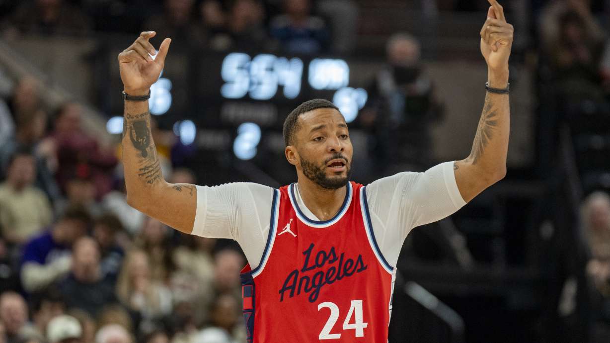 Los Angeles Clippers guard Norman Powell appeals the the referee, during the first quarter of an NBA basketball game abasing the Utah Jazz Thursday, Feb. 13, 2025, in Salt Lake City.