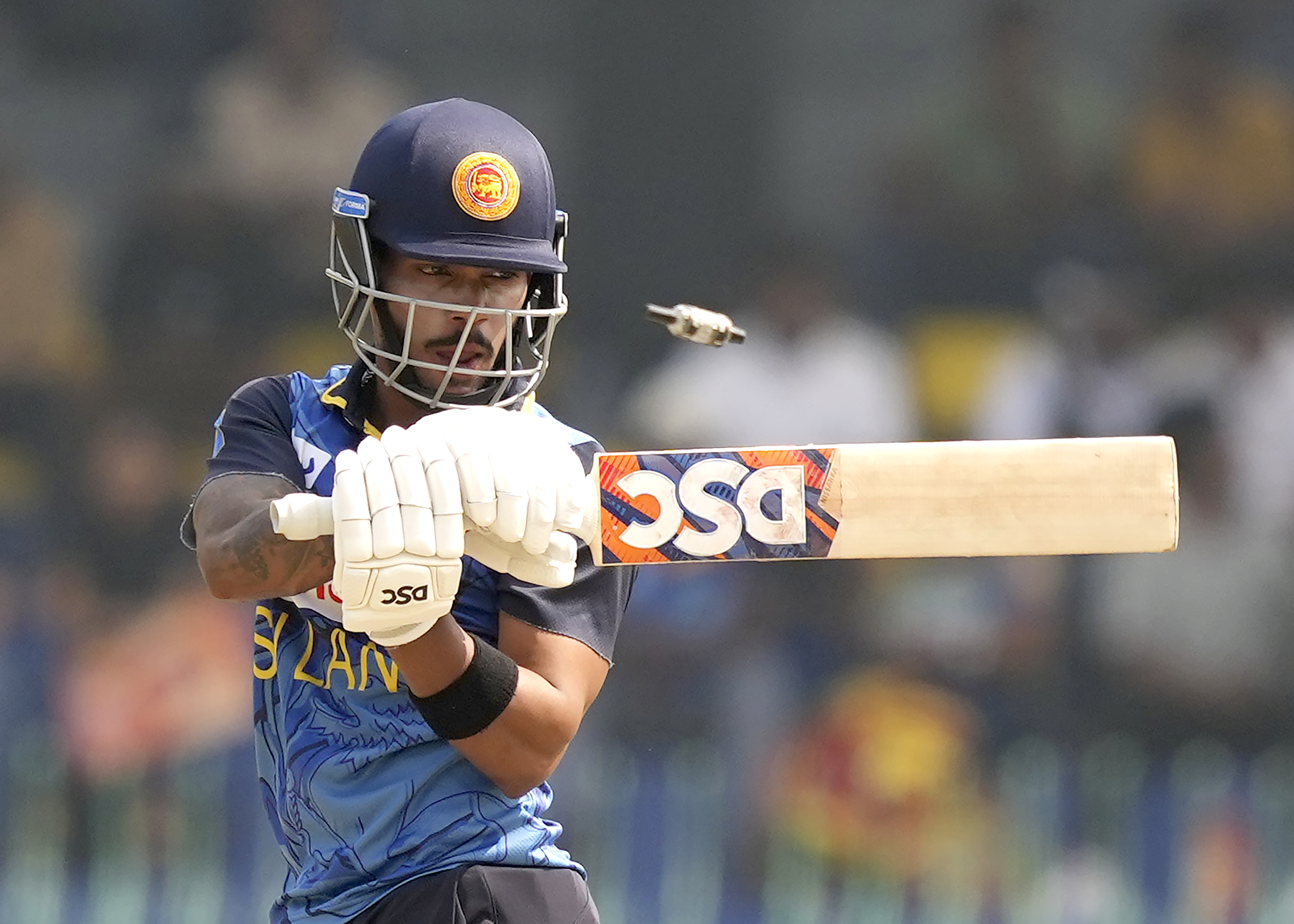 Sri Lanka's Pathum Nissanka reacts after being bowled out by Australia's Aaron Hardie during the second ODI cricket match between Sri Lanka and Australia in Colombo, Sri Lanka, Friday, Feb. 14, 2025.