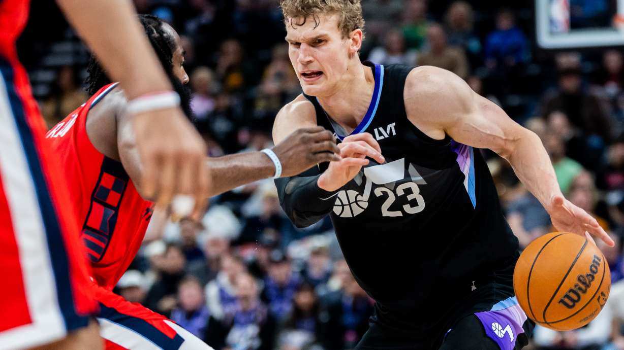 Utah Jazz forward Lauri Markkanen (23) drives the ball down the court during an NBA game against the LA Clippers held at the Delta Center in Salt Lake City on Thursday, Feb. 13, 2025.
