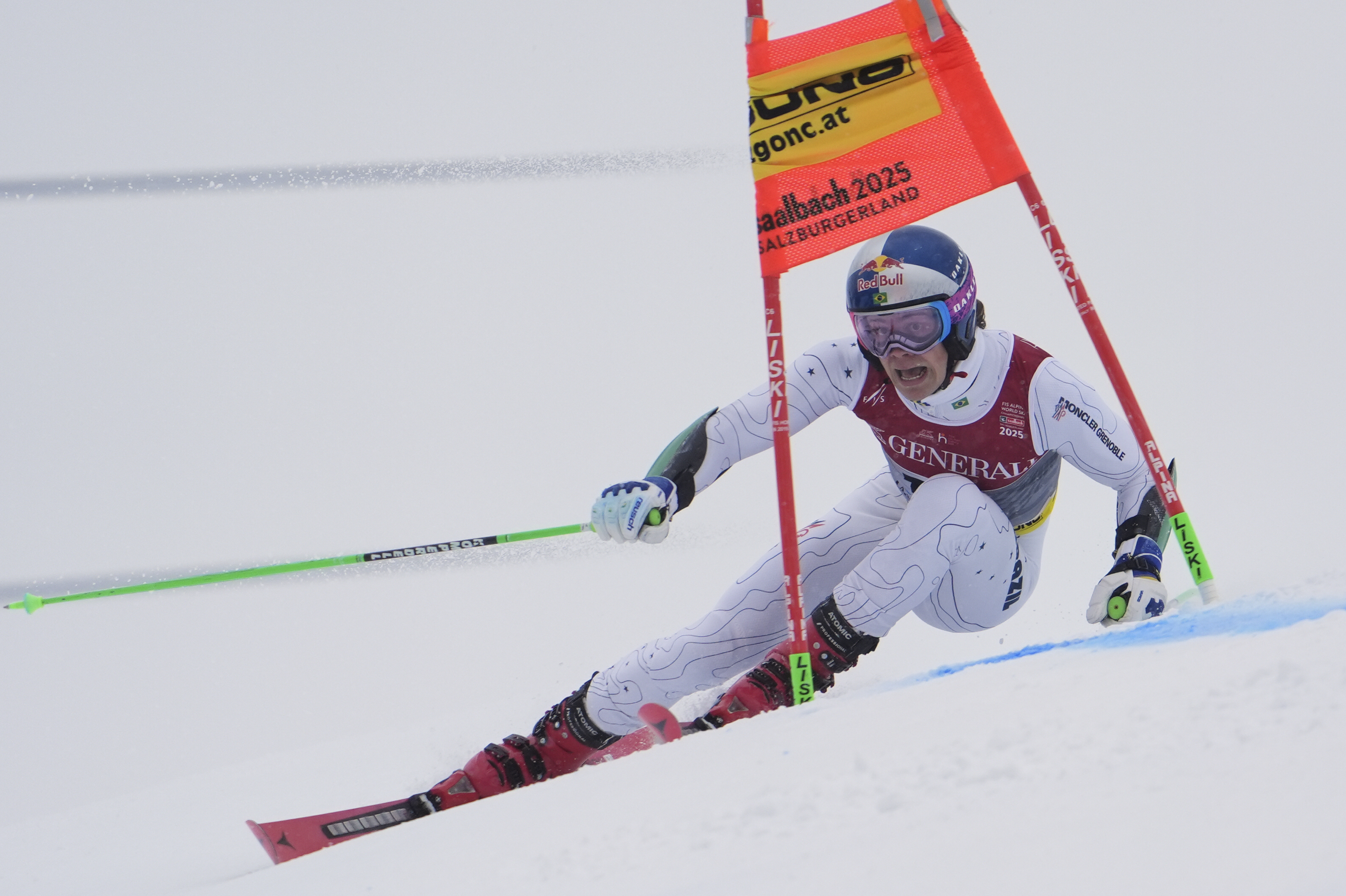 Brazil's Lucas Pinheiro Braathen competes in a men's giant slalom, at the Alpine Ski World Championships, in Saalbach-Hinterglemm, Austria, Friday, Feb. 14, 2025.
