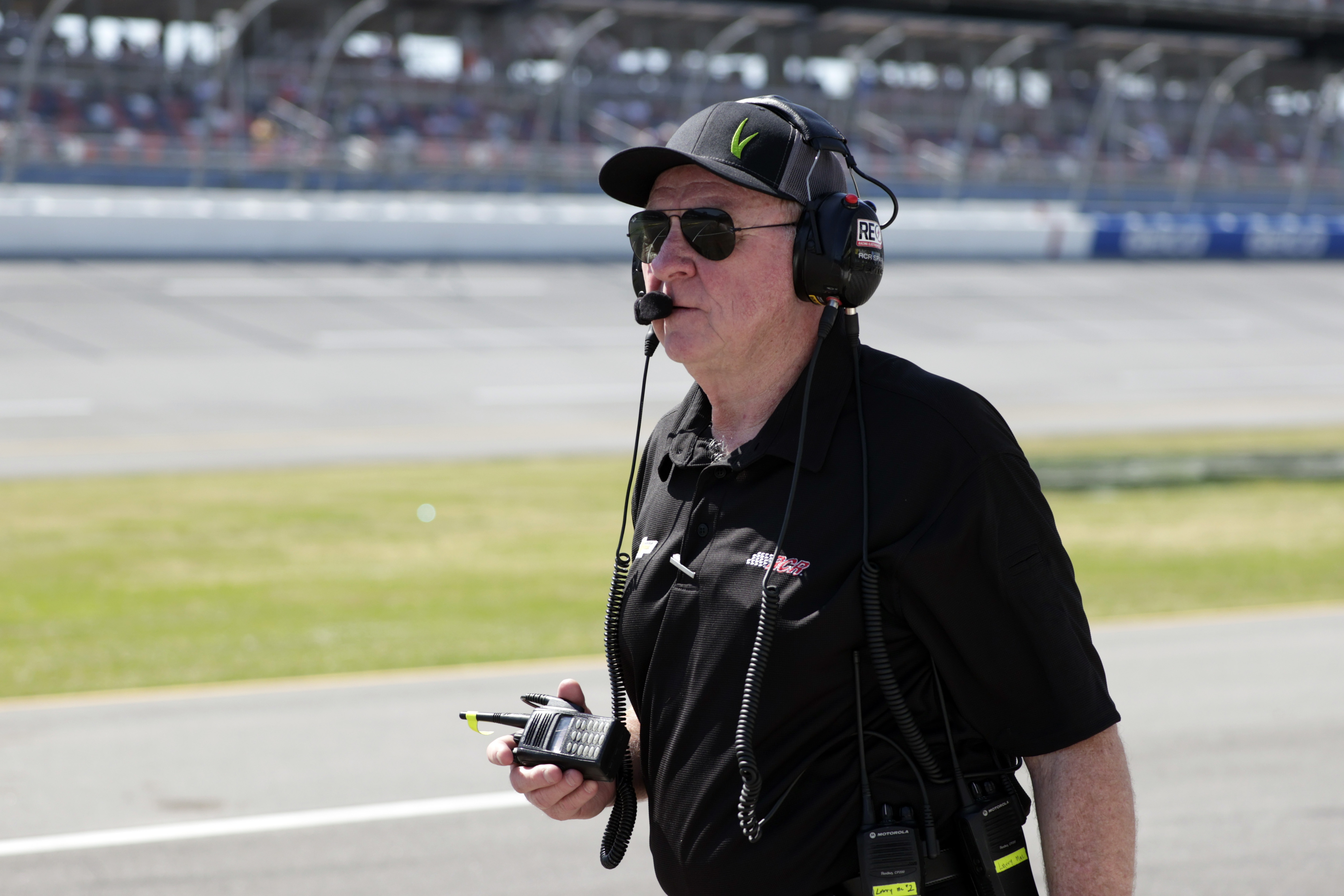 FILE - Larry McReynolds, crew chief for NASCAR Xfinity Series driver Jeffrey Earnhardt walks to the pit before the start of the Ag-Pro 300 at Talladega Superspeedway, Saturday, April 23, 2022, in Talladega, Ala.
