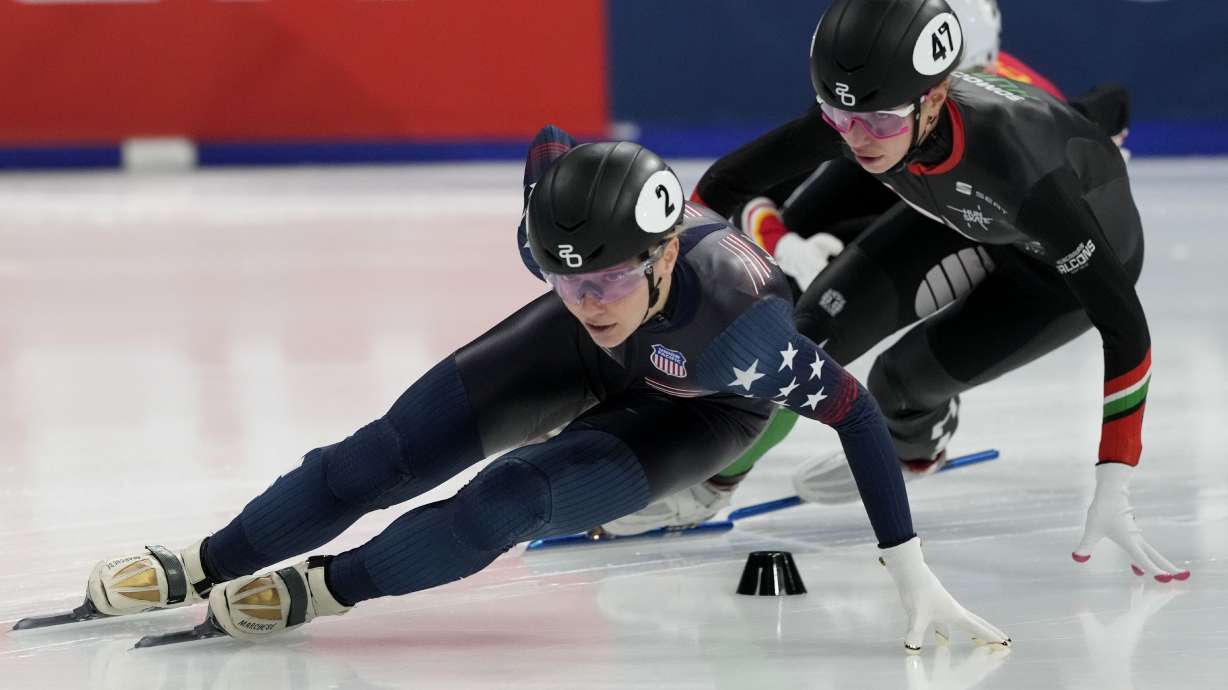 U.S. Kristen Santos-Griswold competes in the Women's quarterfinals of the ISU Short Track World Tour, Olympics Milano-Cortina 2026 test event, in Milan, Italy, Friday, Feb. 14, 2025.