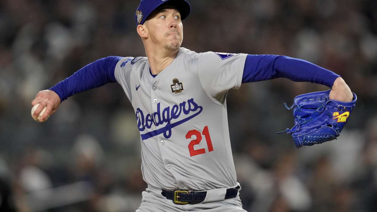 FILE - Los Angeles Dodgers pitcher Walker Buehler throws against the New York Yankees during the second inning in Game 3 of the baseball World Series, Monday, Oct. 28, 2024, in New York.