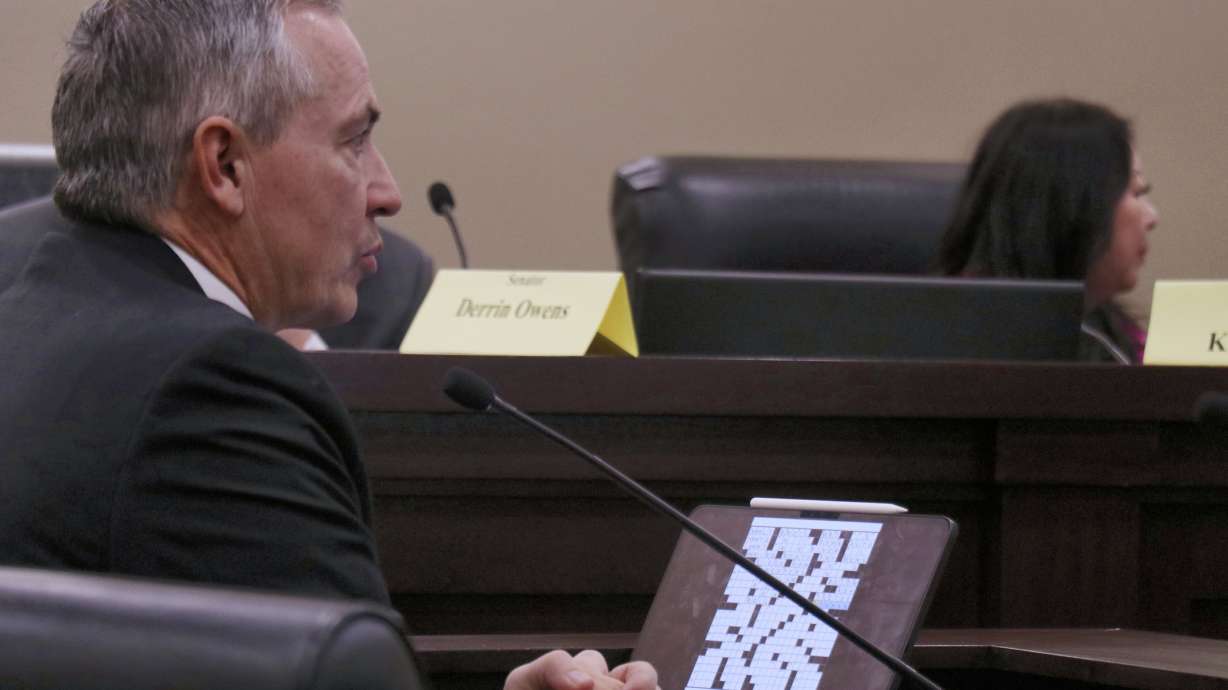 Sen. Dan McCay, R-Riverton, presents a 2023 New York Times crossword puzzle that used "Utahan" as an answer during a Senate committee meeting on a proposed bill that would make "Utahn" the state's official demonym on Thursday.