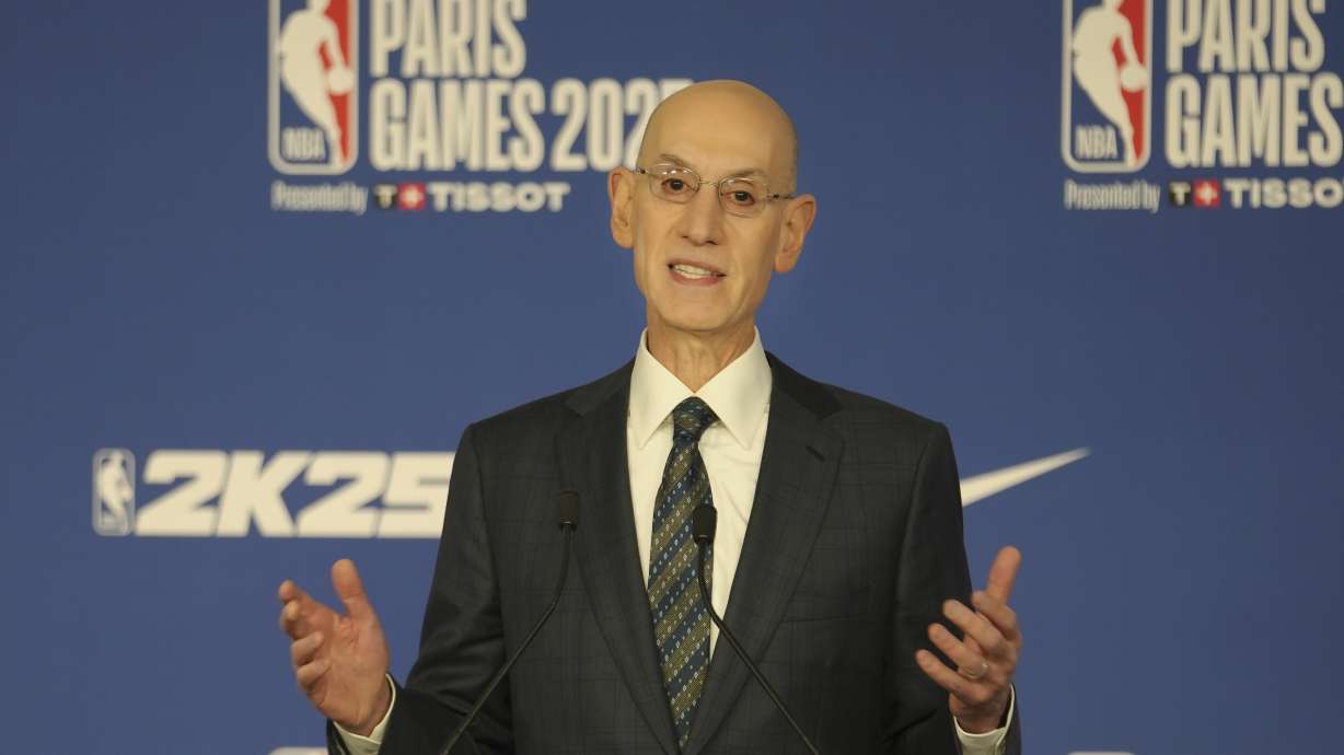 NBA Commissioner Adam Silver speaks at a news conference before a Paris Games 2025 NBA basketball game between the Indiana Pacers and the San Antonio Spurs in Paris, Thursday, Jan. 23, 2025.