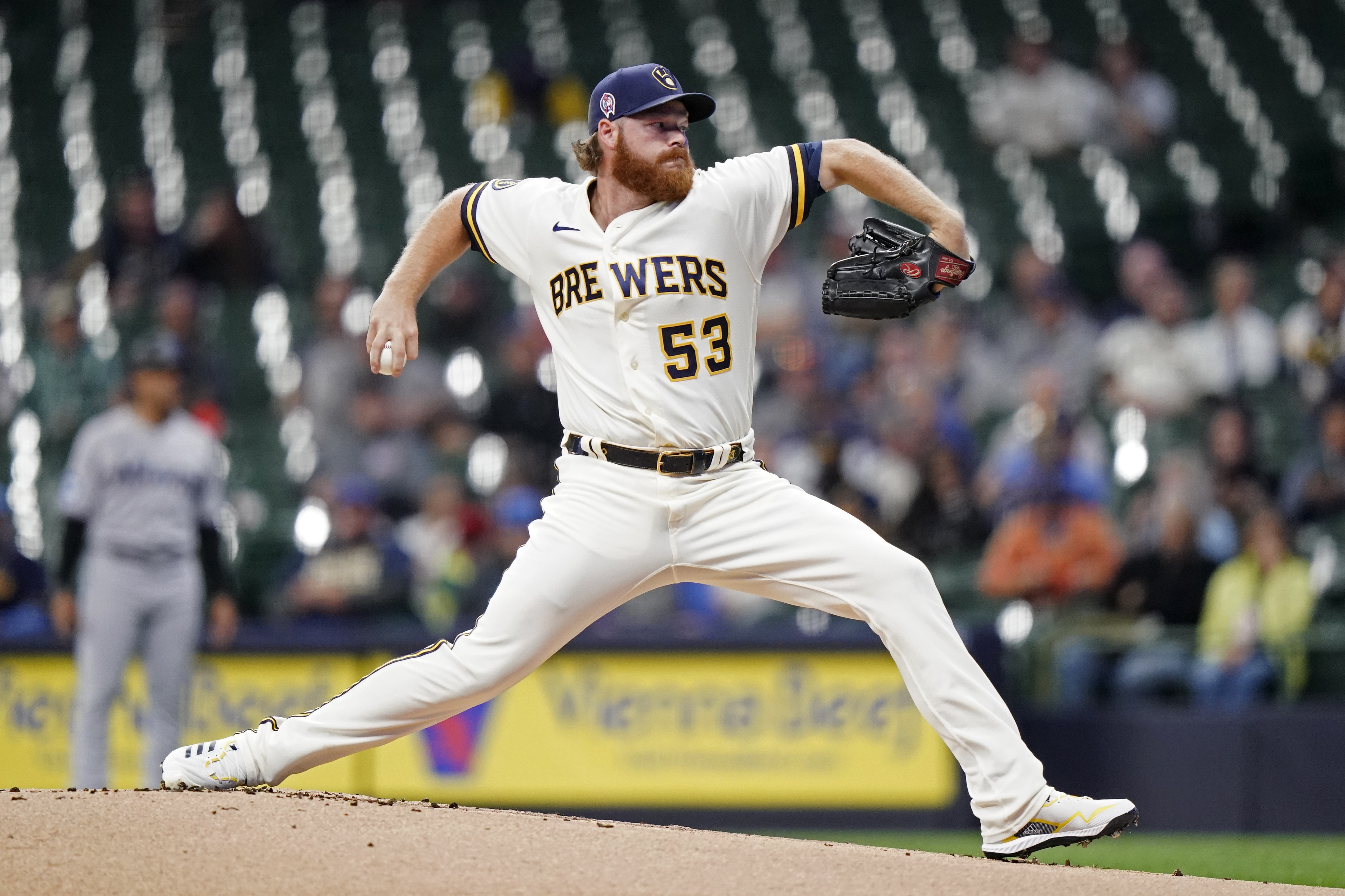 FILE - Milwaukee Brewers' Brandon Woodruff pitches during the first inning of a baseball game against the Miami Marlins, in Milwaukee, Sept. 11, 2023.