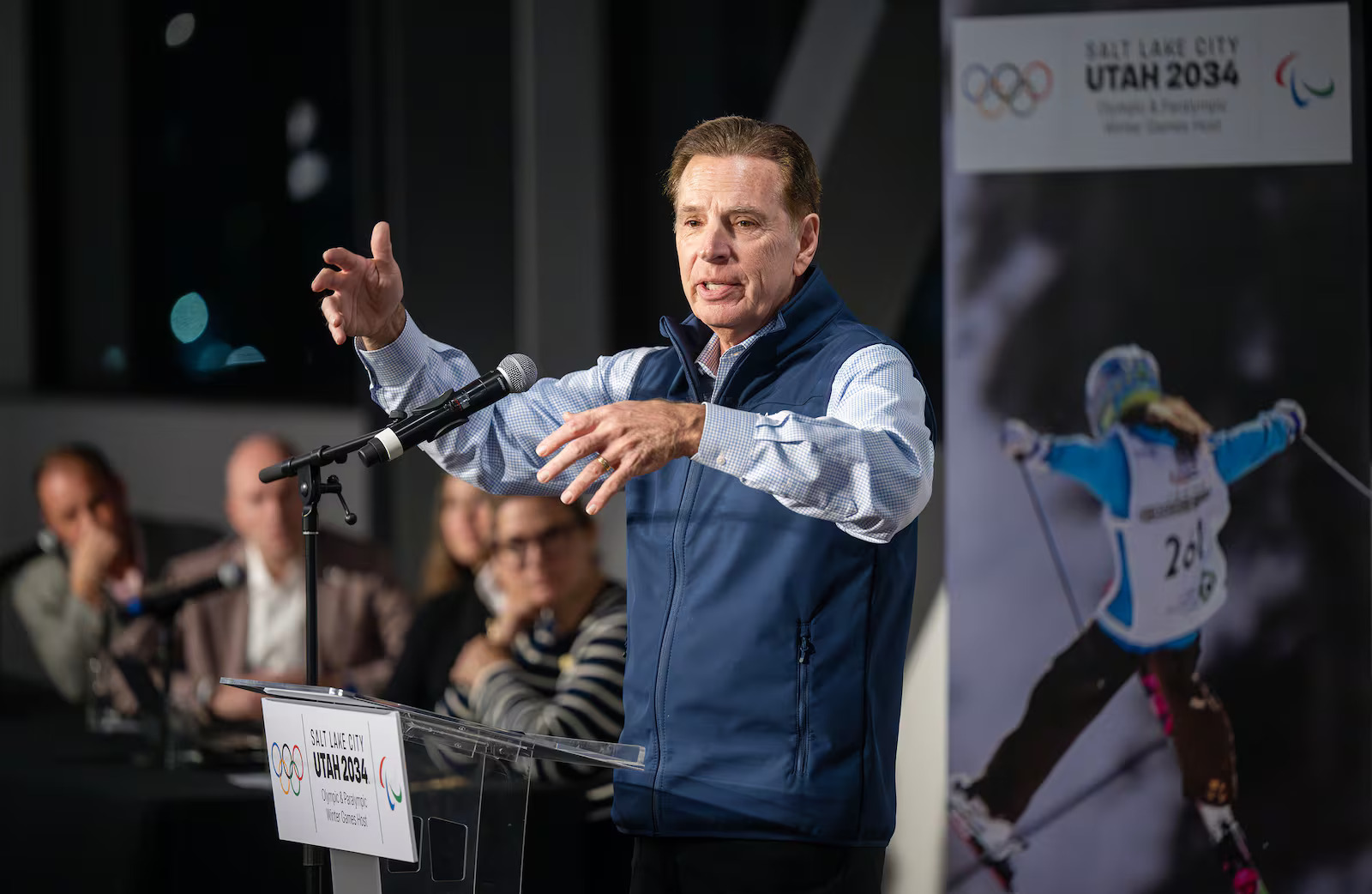 Fraser Bullock, president and CEO of the Salt Lake City-Utah Committee for the Games, speaks as he and other members of the committee gather for a meeting at the Leonardo in Salt Lake City on Wednesday, Dec. 18, 2024.