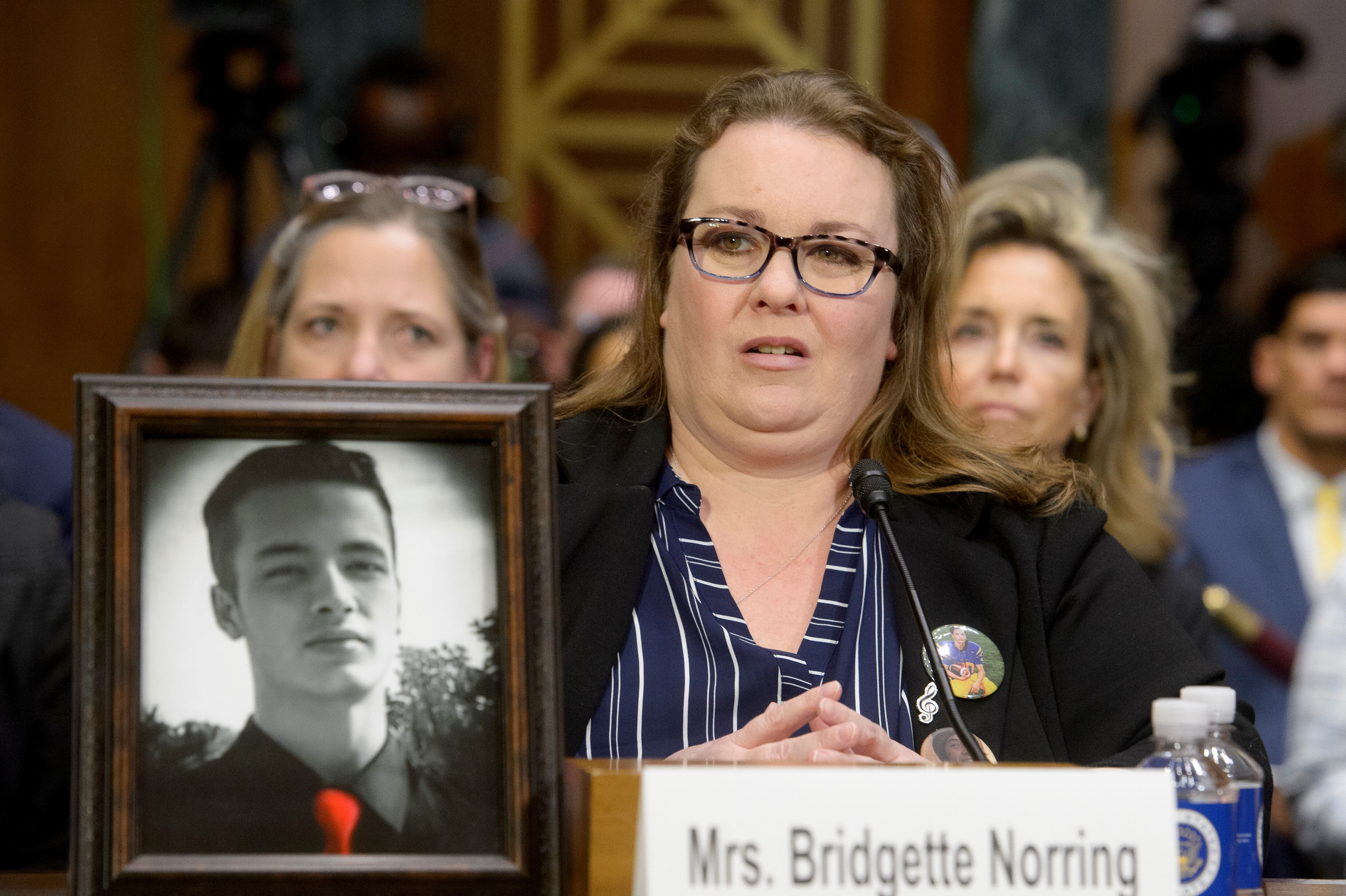 Bridgette Norring, survivor parent and founder of the Devin J. Norring Foundation, whose son Devin died at age 19 in 2020 after taking fentanyl, appears during a Senate Judiciary committee hearing on fentanyl on Capitol Hill, Feb. 4, in Washington.
