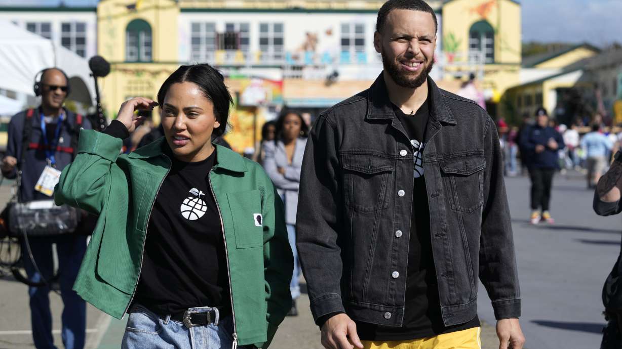 Stephen Curry and his wife Ayesha visit East Oakland Pride Elementary School as part of the NBA basketball league's Day of Service, Friday, Feb. 14, 2025, Oakland, Calif.