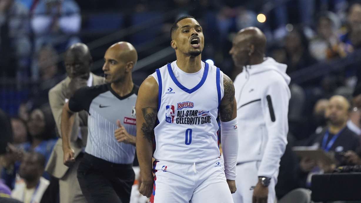 Actor Rome Flynn reacts after scoring during the first half of the Ruffles NBA All-Star Celebrity Game, Friday, Feb. 14, 2025, in Oakland, Calif.