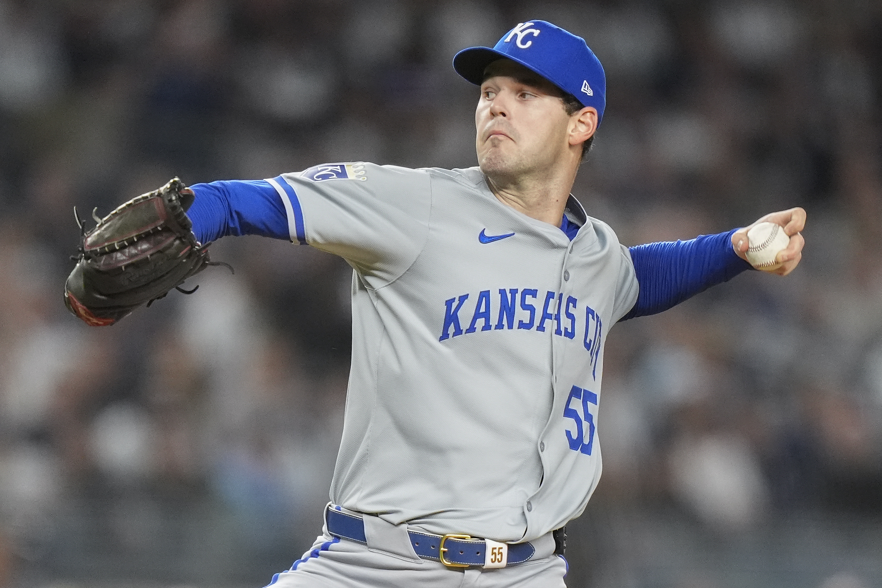 FILE - Kansas City Royals pitcher Cole Ragans delivers against the New York Yankees during the first inning of Game 2 of the American League baseball playoff series, on Oct. 7, 2024, in New York.