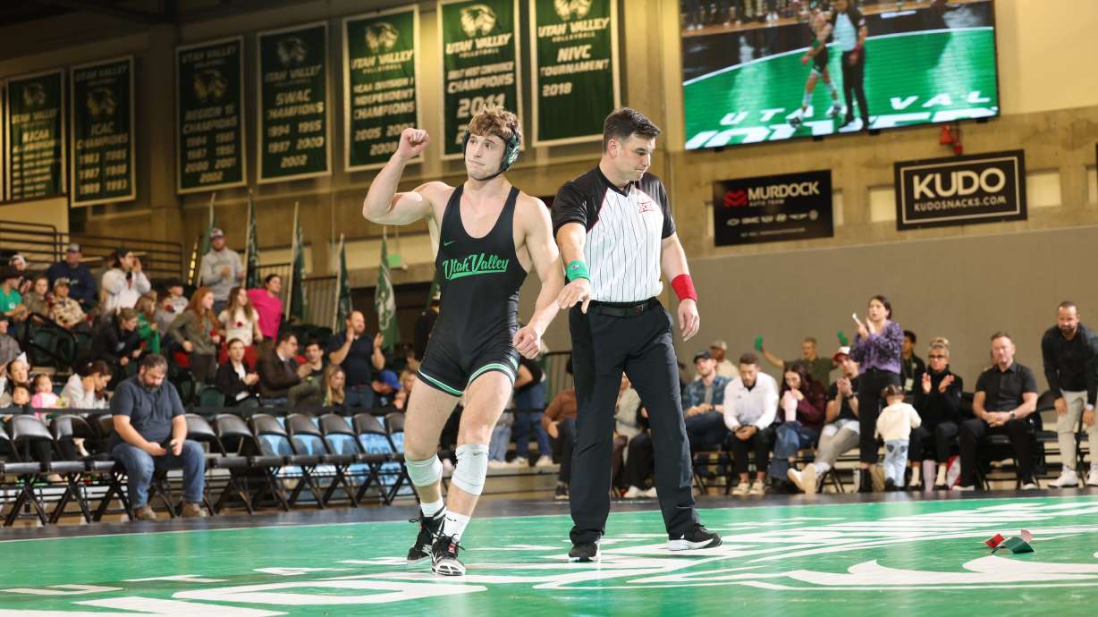 Utah Valley's Terrell Barraclough wrapped up an undefeated dual-meet season and a 23-1 regular season Friday, Feb. 14, 2025 in a Big 12 wrestling match against Northern Colorado. The former four-time state champion at Layton High will be a favorite to win a Big 12 title in two weeks in Tulsa, Oklahoma.