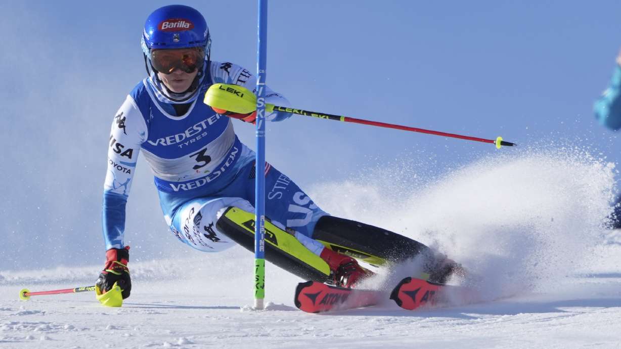 United States' Mikaela Shiffrin competes in a women's slalom, at the Alpine Ski World Championships, in Saalbach-Hinterglemm, Austria, Saturday, Feb. 15, 2025.