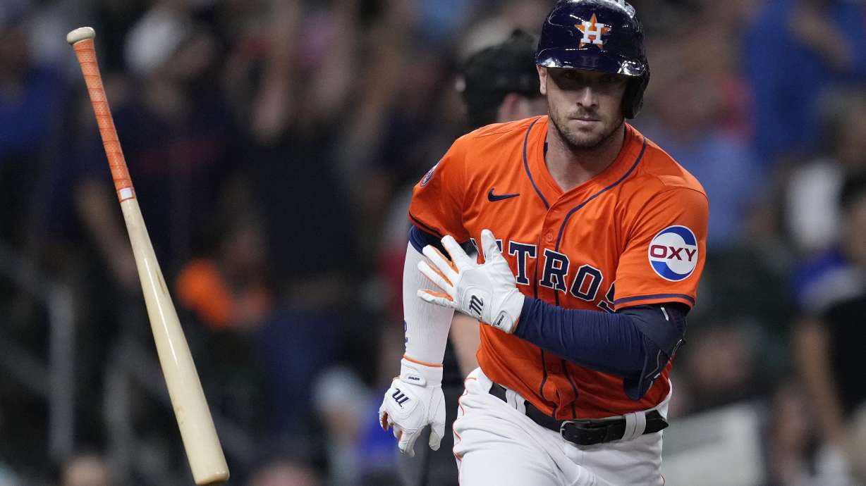 FILE - Houston Astros' Alex Bregman flips his bat after hitting a solo home run during the third inning of a baseball game against the Los Angeles Dodgers, Friday, July 26, 2024, in Houston.